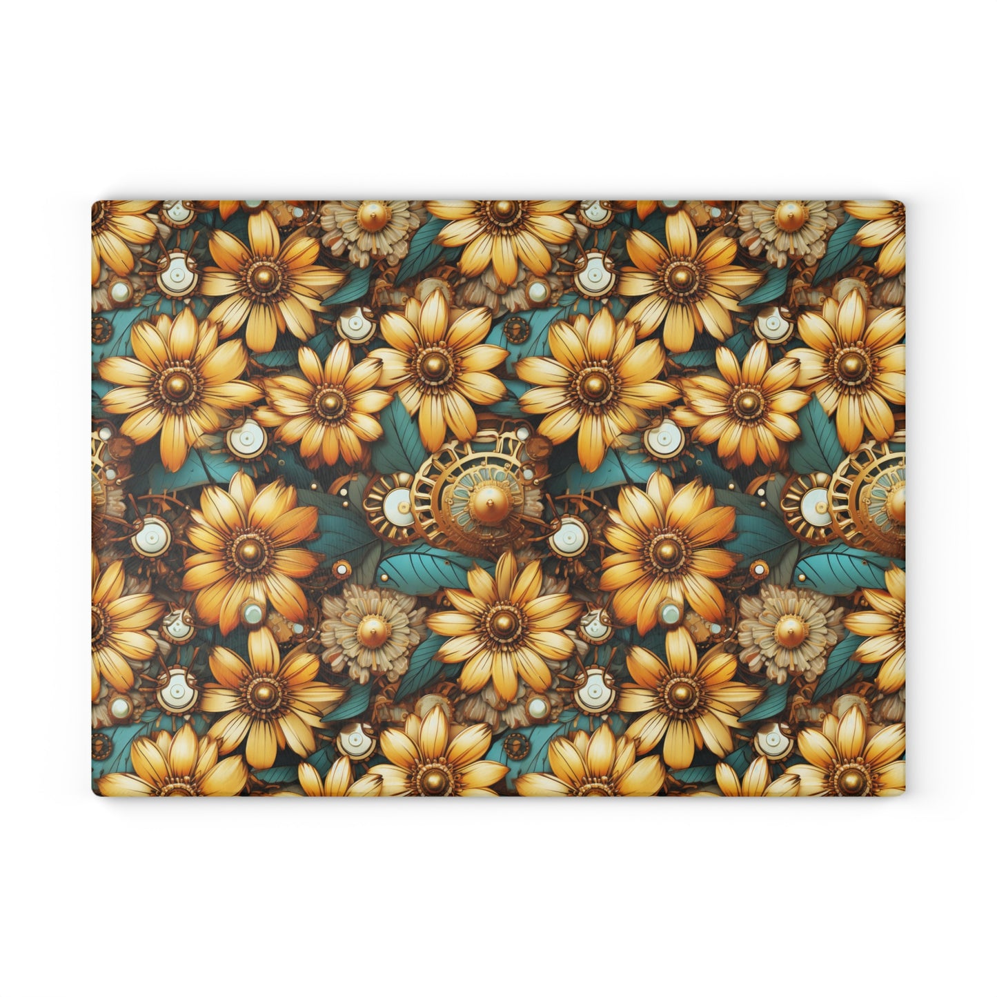 Victorian Steampunk Gold Flowers Teal Background with Gears and Mechanical Elements - Glass Cutting Board  8" x 11" and 11" x 15"