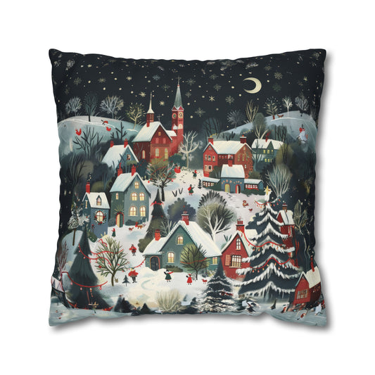 Vintage Winter Village: Old-Fashioned Country Town in a Snowy Christmas Scene Spun Polyester Square Pillowcase 4 Sizes