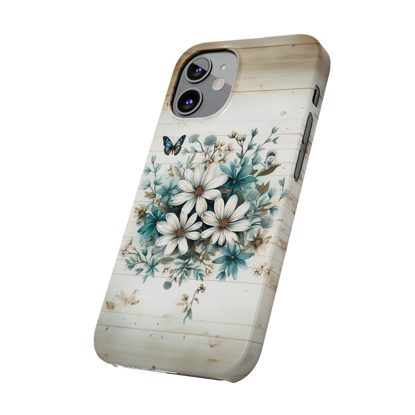 Rustic Charm Bouquet featuring Teal Accents White Wild Daisies with Butterflies  Iphone 15-12 Slim Phone Case