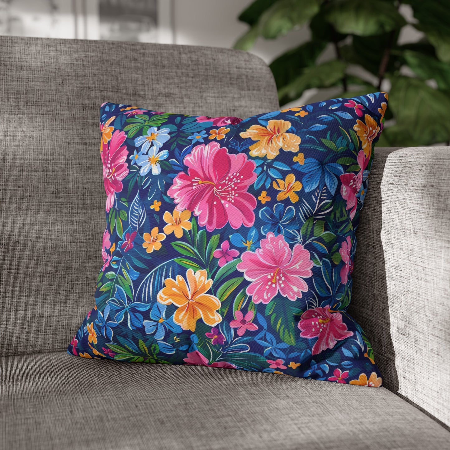 Tropical Sunrise Bloom: Pink Watercolor Flowers with Yellow and Blue Accents Spun Polyester Square Pillowcase 4 Sizes