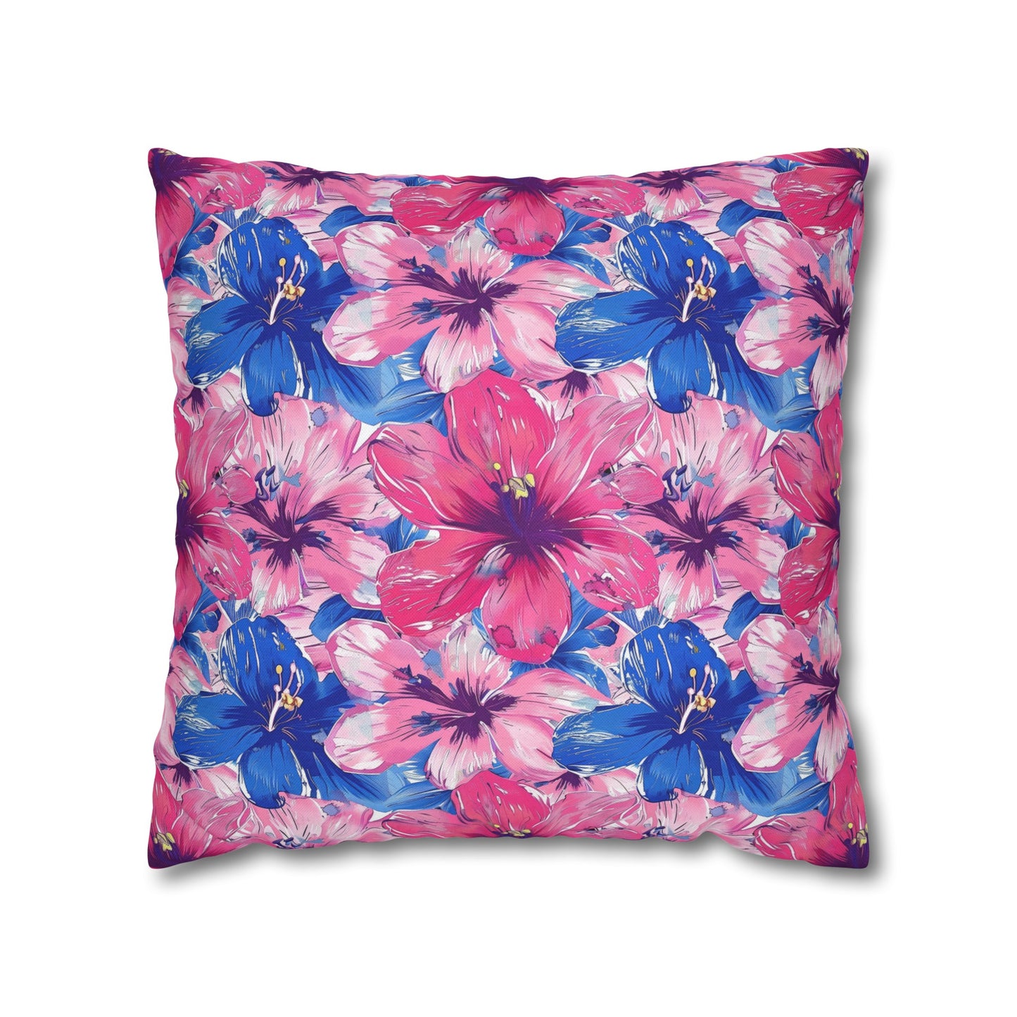 Blooming Bliss: Large Pink and Blue Blossoms in Full Bloom Spun Polyester Square Pillowcase 4 Sizes