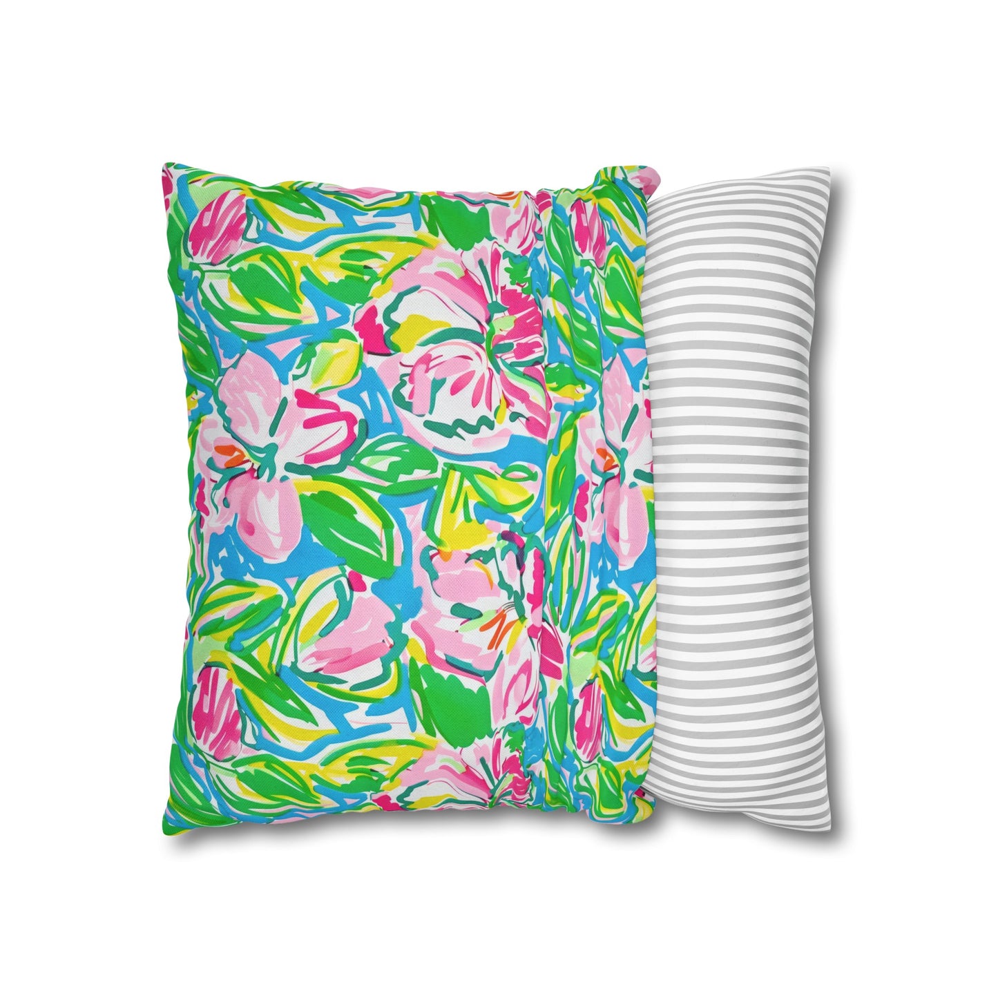 Whispering Meadows: Pink Blossoms, Lush Green Leaves, and Accents of Yellow and Blue Spun Polyester Square Pillowcase 4 Sizes