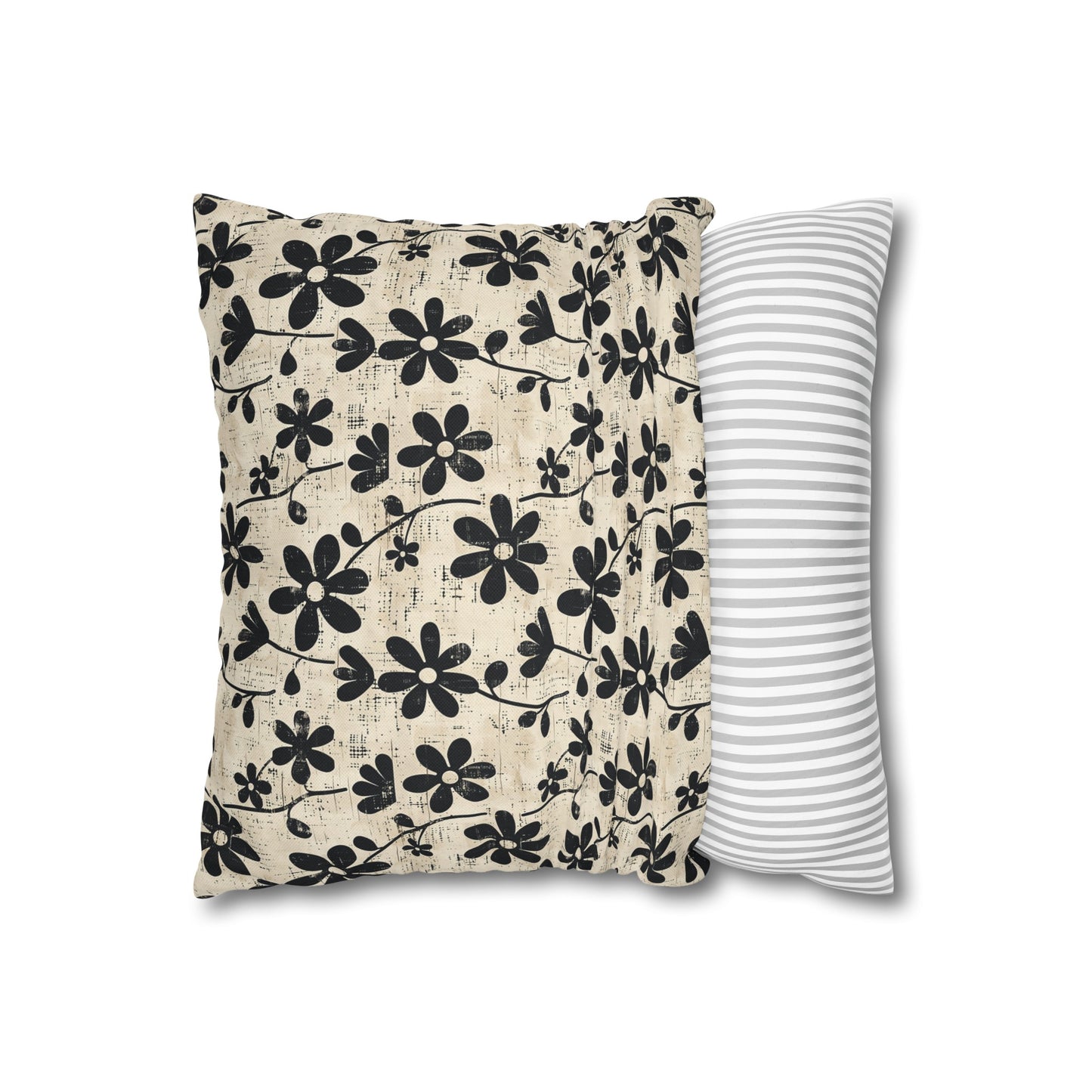 Distressed Black Floral on Beige Background Spun Polyester Square Pillowcase 4 Sizes