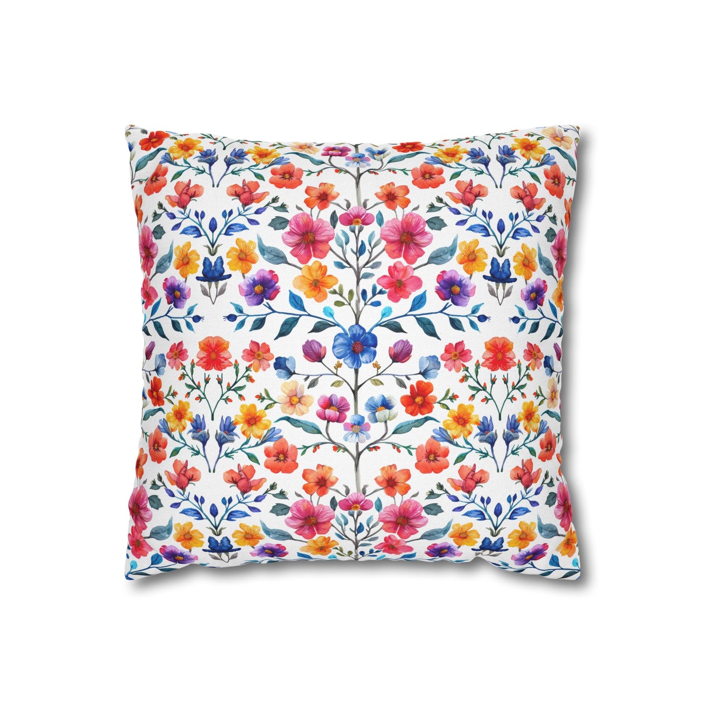 Botanical Symphony with Vibrant Watercolor Flowers  Spun Polyester Square Pillowcase 4 Sizes