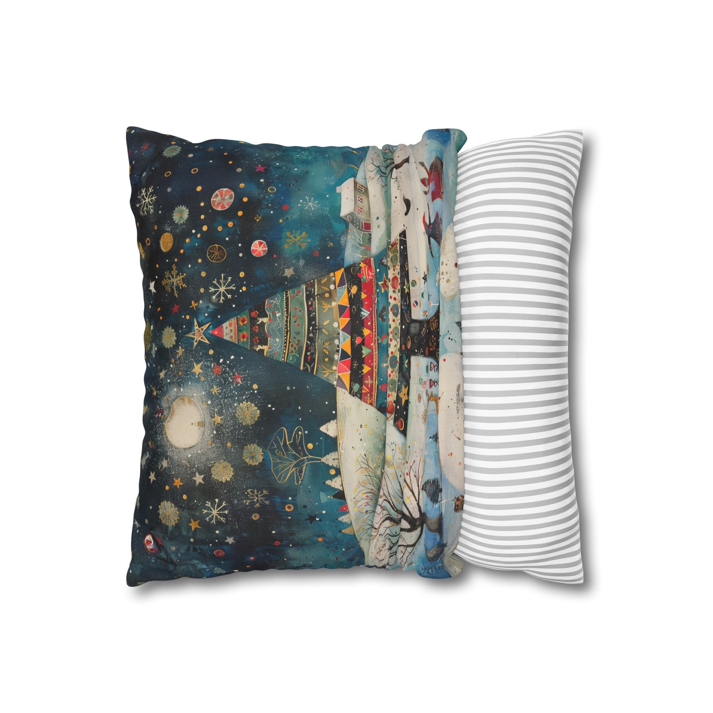 Nighttime Delights: Folk Art Christmas Tree Illuminating a Town, with Joyful Children Playing Below Spun Polyester Square Pillowcase 4 Sizes