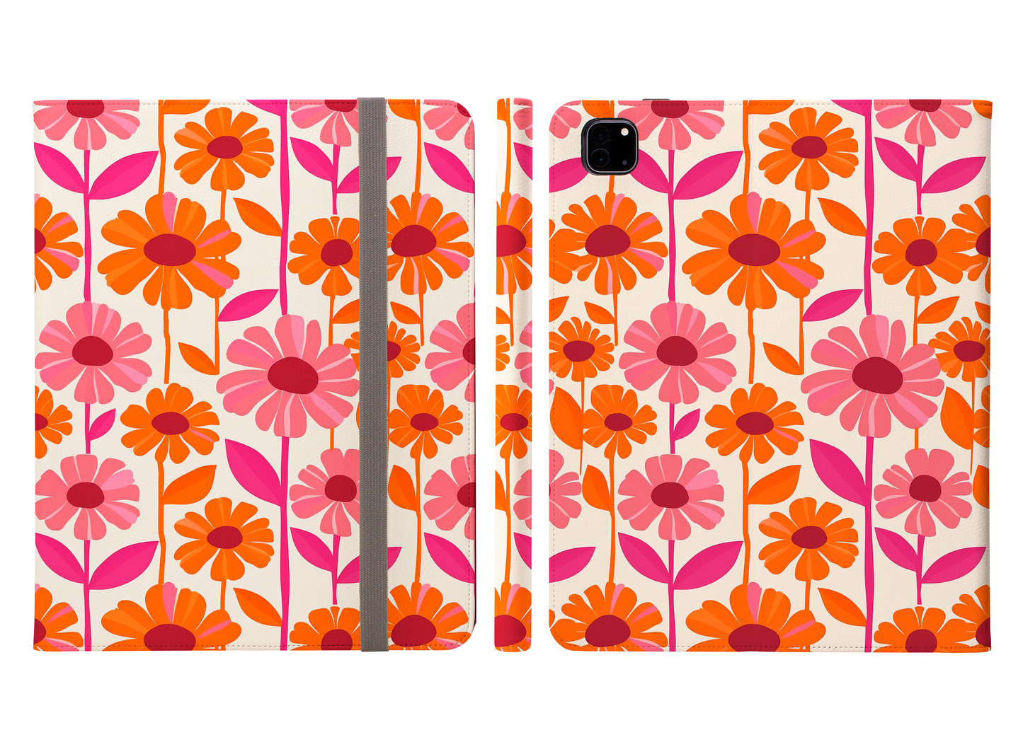 Retro Floral Bliss with Bold Pink and Orange Flower Design Protective iPad Pro 11 & Pro 12.9 Protective Case and Pencil Holder