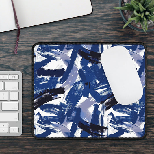 Midnight Frenzy Bold Abstract Brush Strokes in Shades of Deep Blue and White Gaming Mouse Pad with Finished Edges