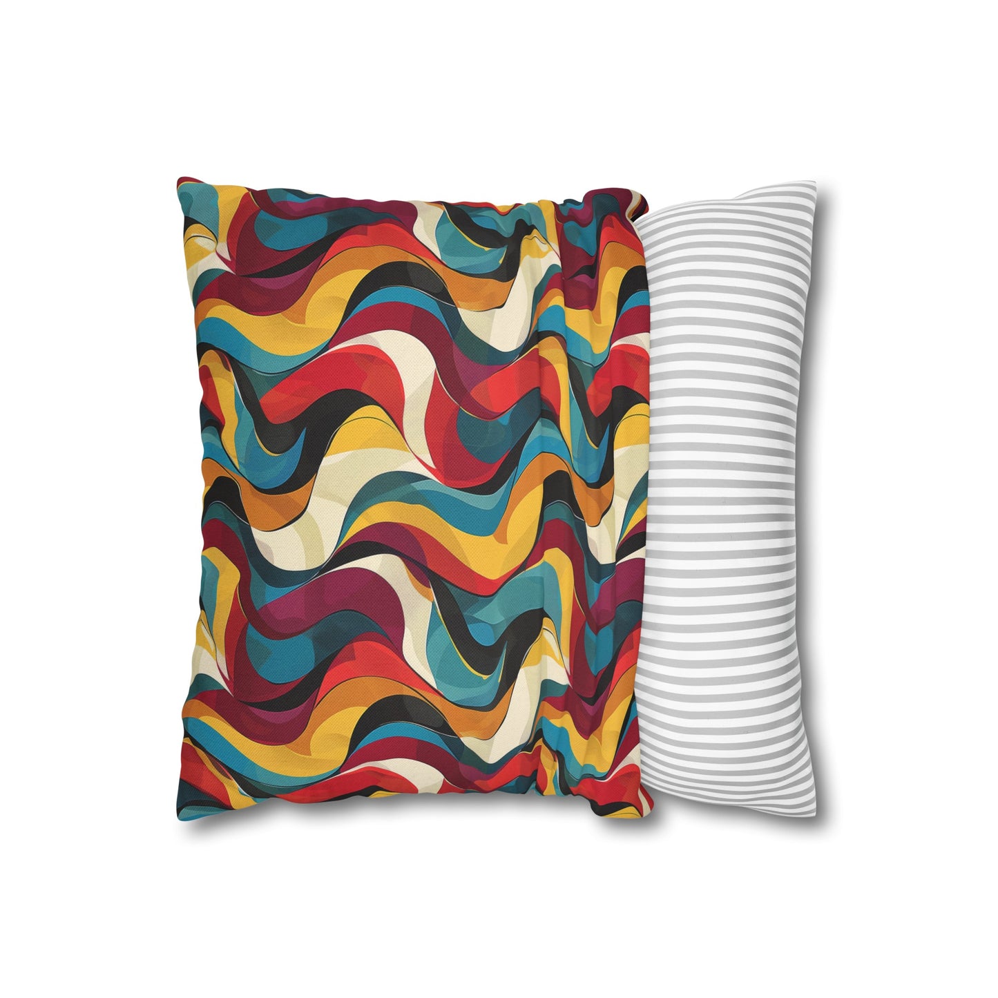 Retro Chic Vintage Blues, Reds and Yellow Waves Spun Polyester Square Pillowcase 4 Sizes