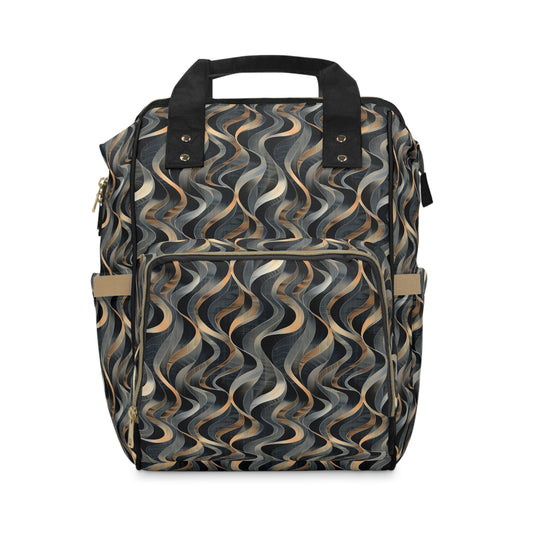 Artistic Fusion of Wavy Lines in a Palette of Silver, Gold, and Dark Hues Multifunctional Diaper Backpack