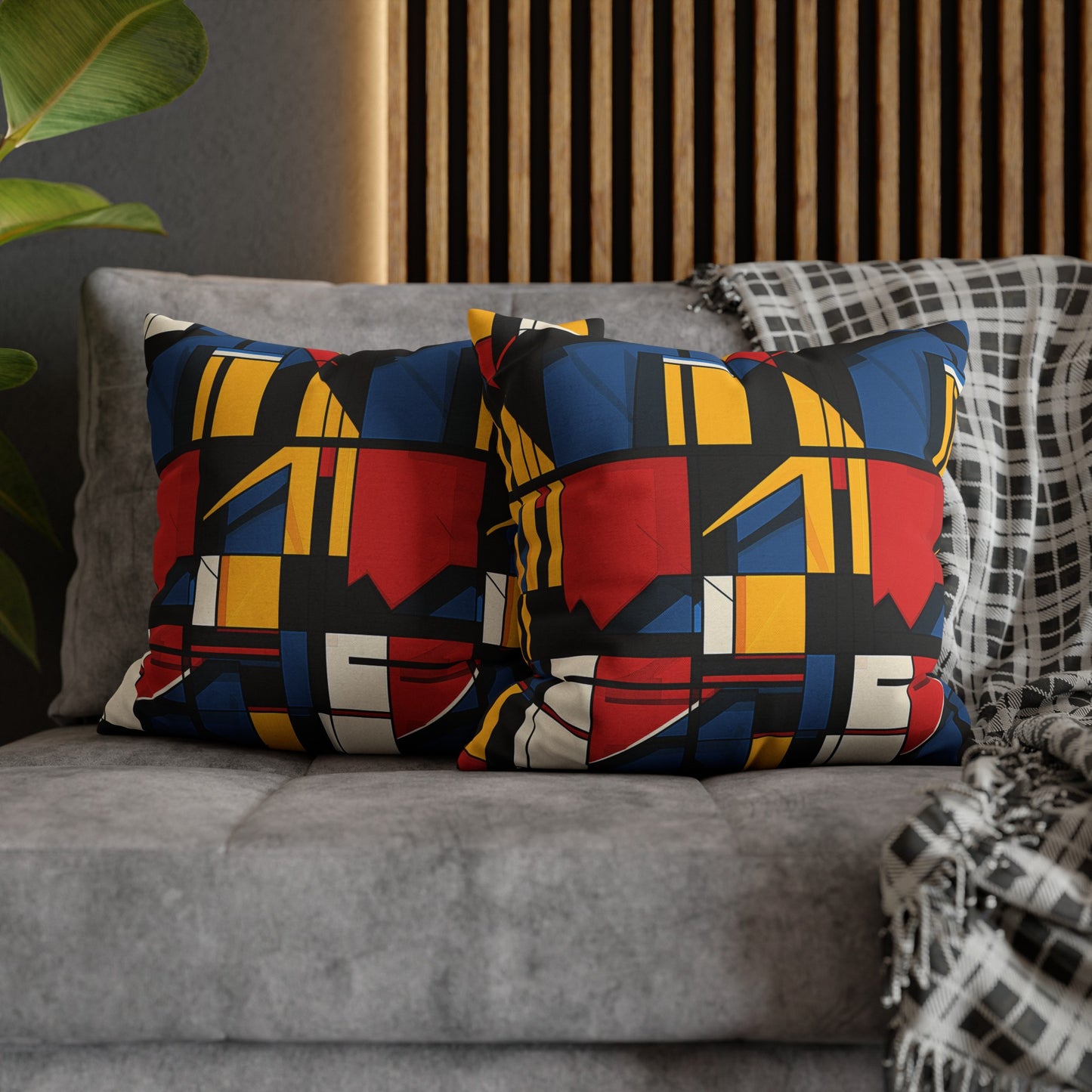 Mondrian-Inspired Bold Primary Colors and Black Lines Abstract Spun Polyester Square Pillowcase 4 Sizes