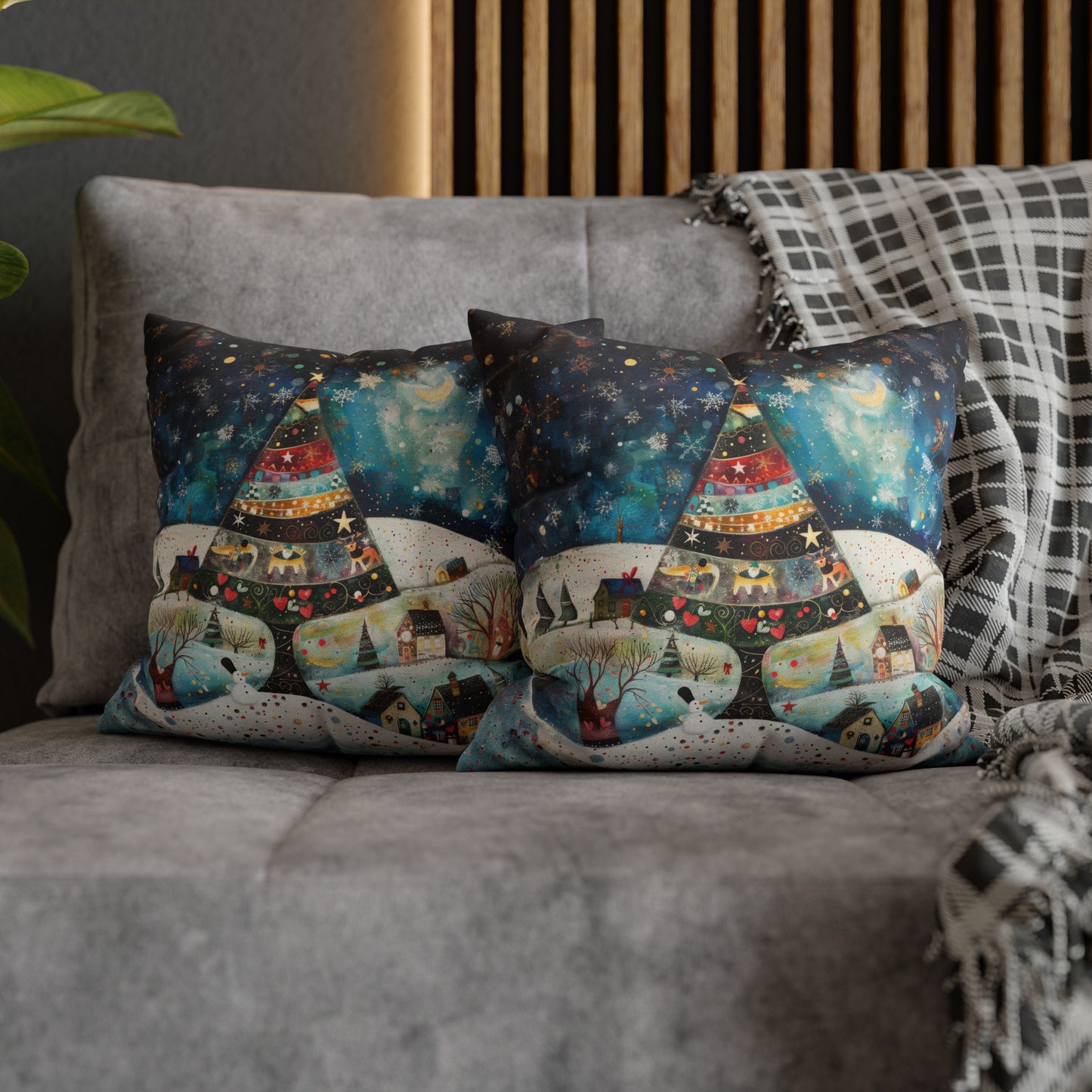 Twilight Treasures: Folk Art Christmas Tree Adorning a Town at Night Spun Polyester Square Pillowcase 4 Sizes