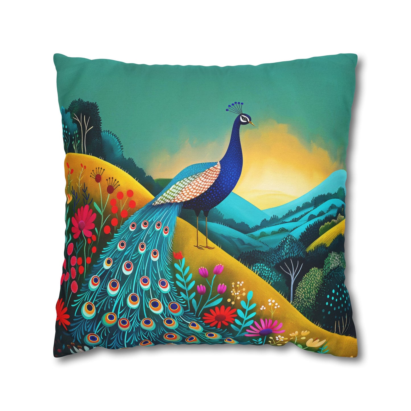 Radiant Peacock with Colorful Enchanted Garden and Sunrise Spun Polyester Square Pillowcase 4 Sizes