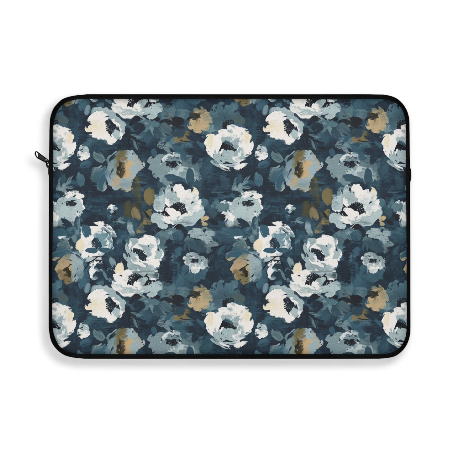 Chic and Artistic Floral Blooms in Shades of Navy, Gray, and Soft Gold Pattern Laptop or Ipad Protective Sleeve 3 Sizes Available