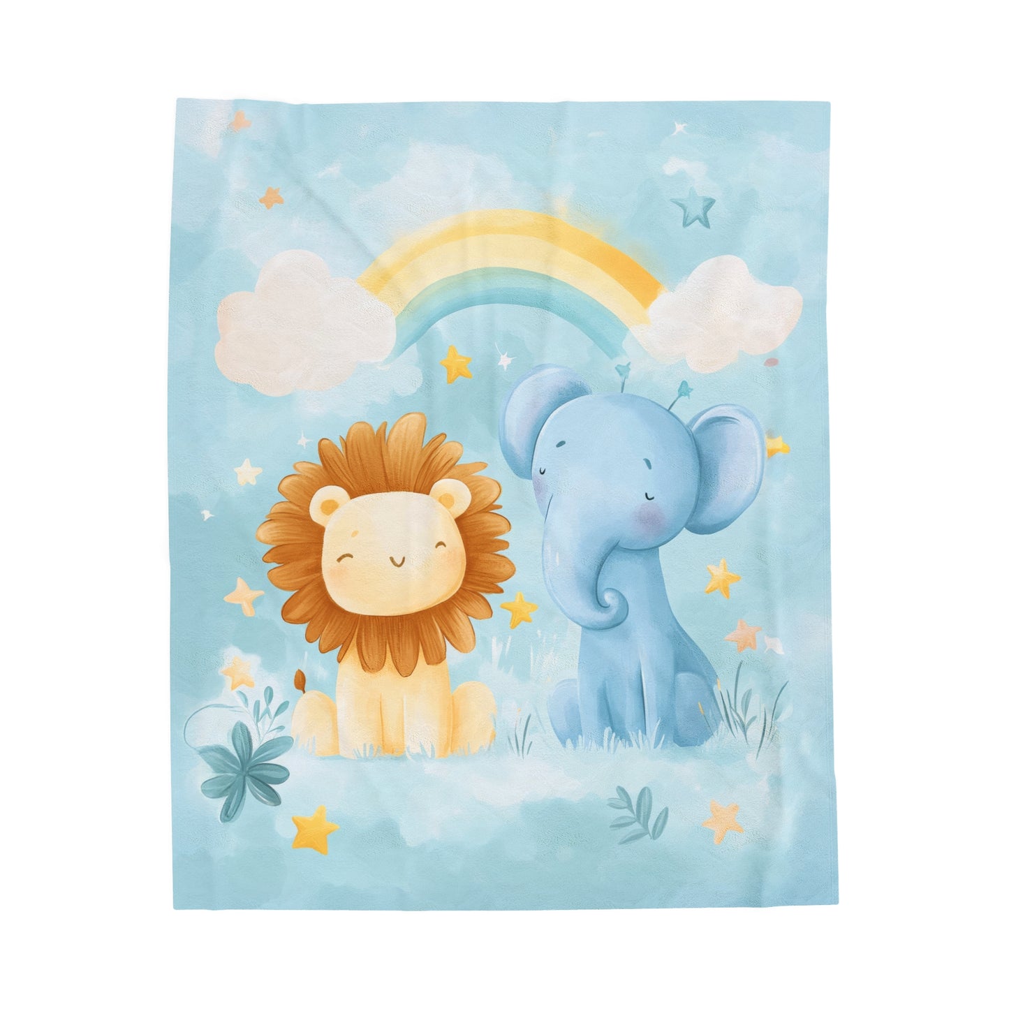 Safari Dreamscape of Adorable Lion and Elephant with Rainbow and Stars Velveteen Plush Blanket 3 Sizes