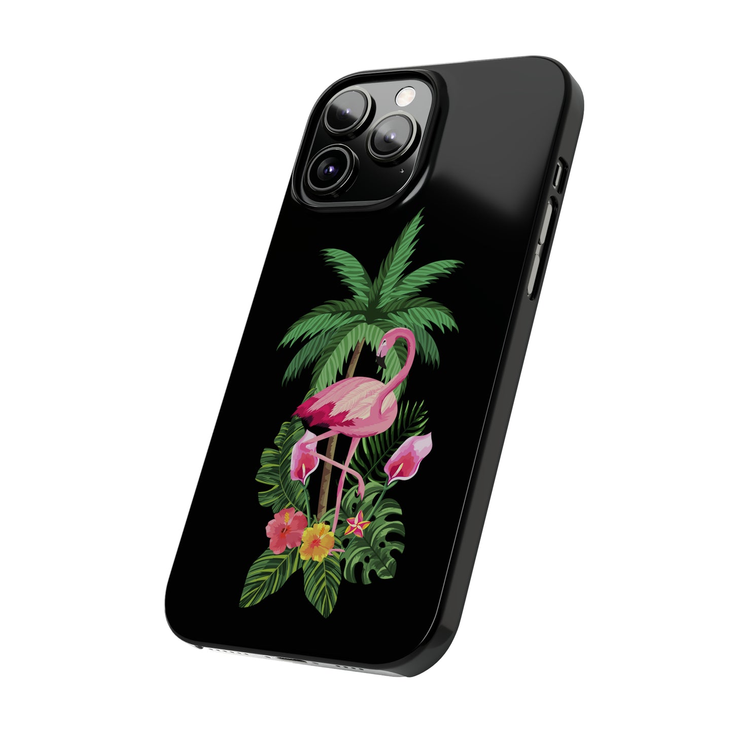 Tropical Pink Flamingo and Flowers Black Background Iphone 15-12 Slim Phone Case