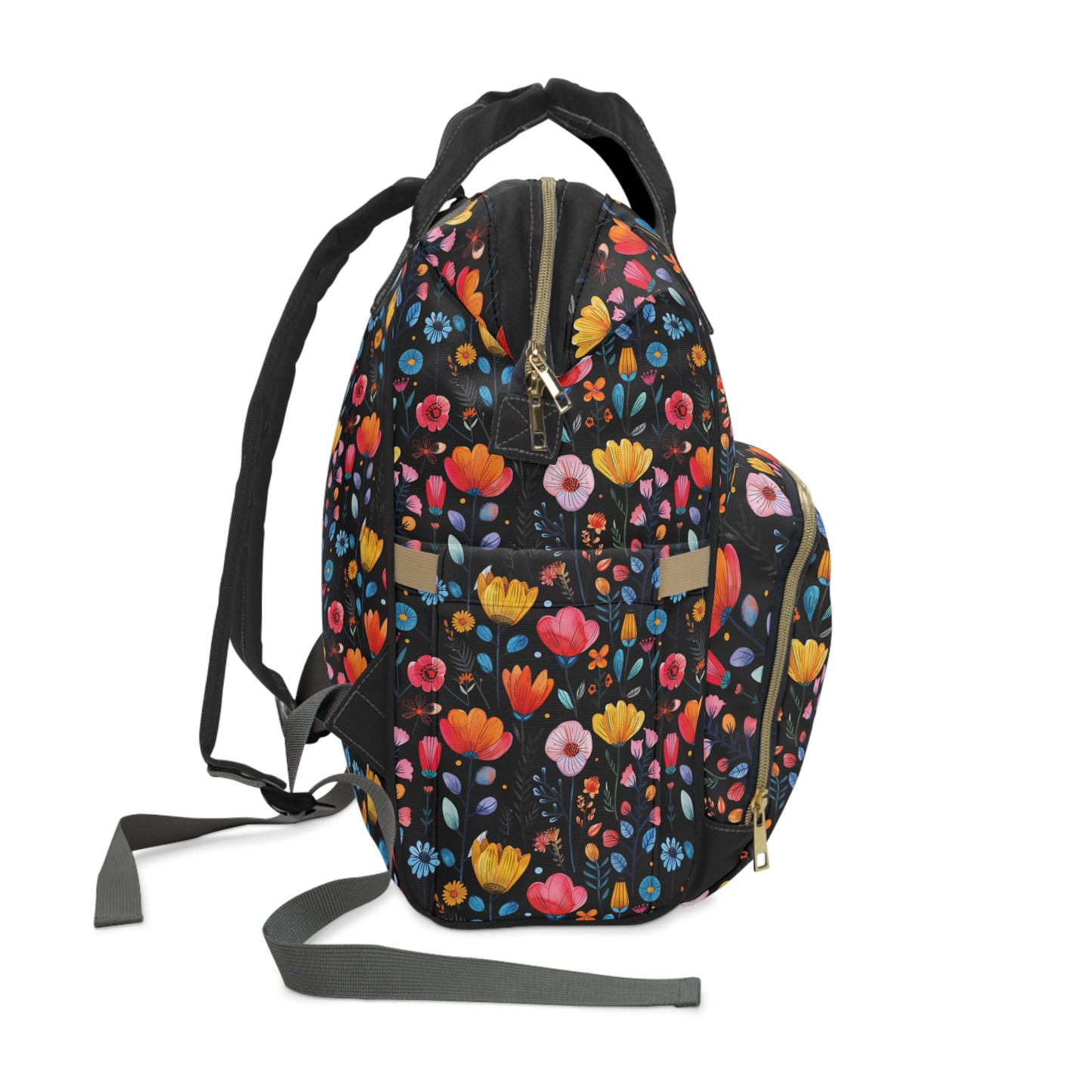 Vibrant Spring Blooms in a Kaleidoscope of Colors on Black Multifunctional Diaper Backpack