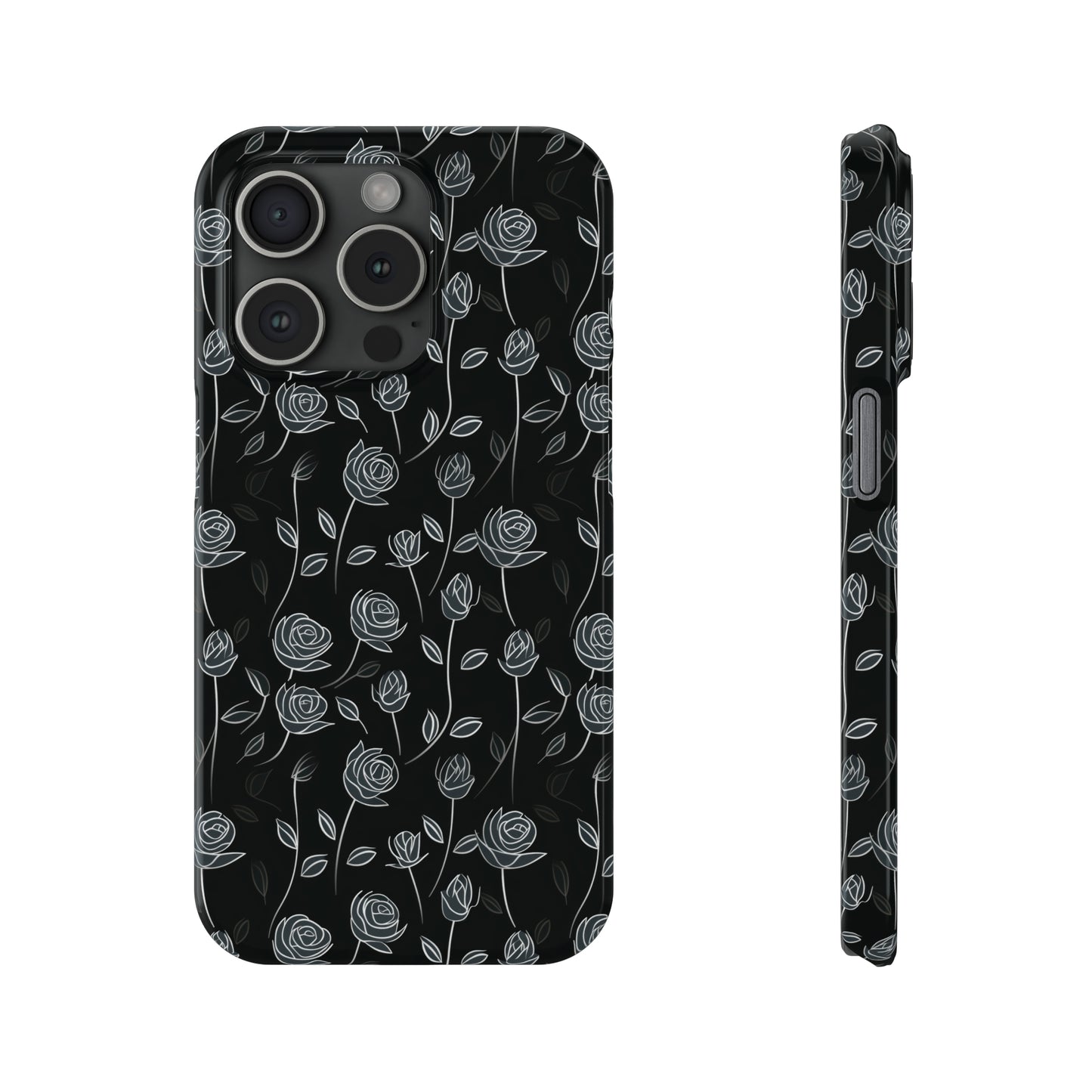 Contrasting Elegance: White Outlined Roses on a Black Background Iphone 15-12 Slim Phone Case