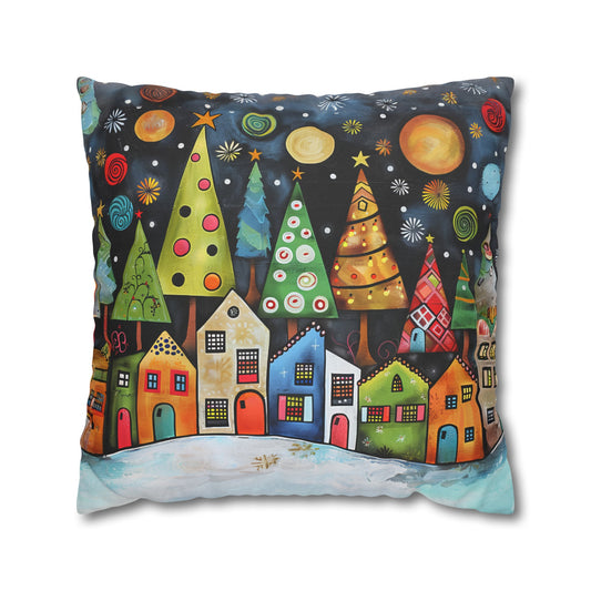 Holiday Haven: Abstract Folk Art Christmas Village Adorned with Christmas Trees Scene Spun Polyester Square Pillowcase 4 Sizes