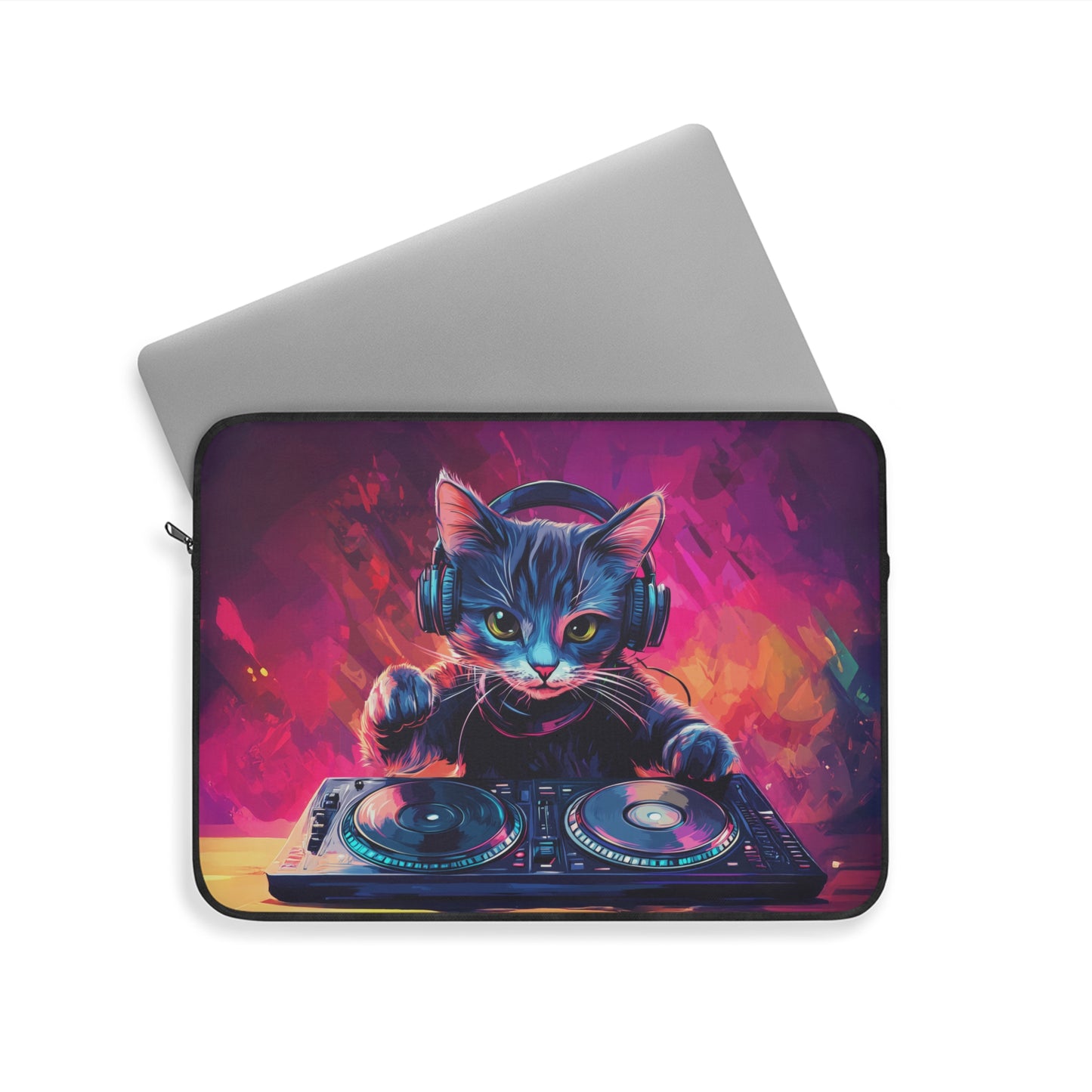 DJ Kitty Spinning Retro Beats  Laptop or Ipad Protective Sleeve 3 Sizes Available