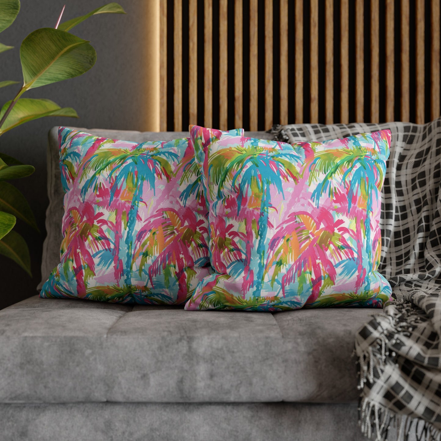 Pastel Paradise: Palm Trees in Soft Blues, Pinks, and Greens Spun Polyester Square Pillowcase 4 Sizes