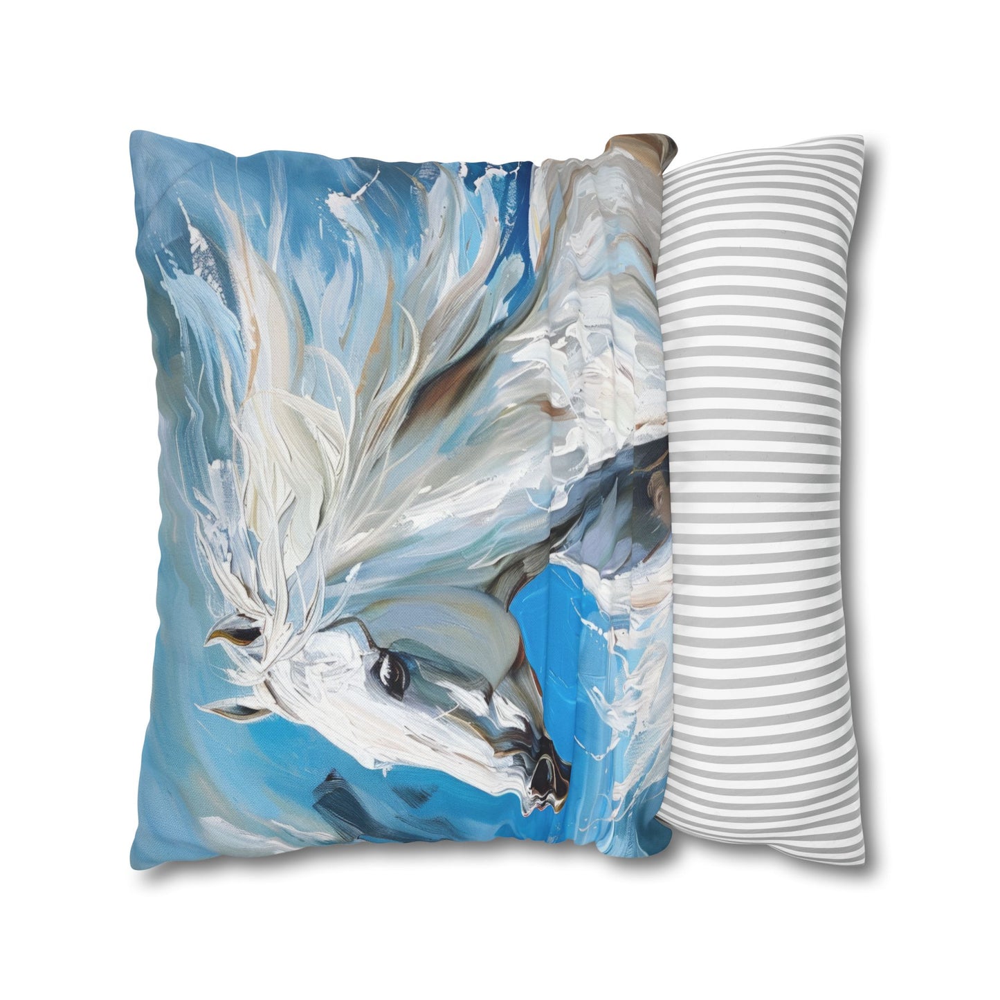 Majestic White Stallion Galloping Along the Oceans Edge Spun Polyester Square Pillowcase 4 Sizes