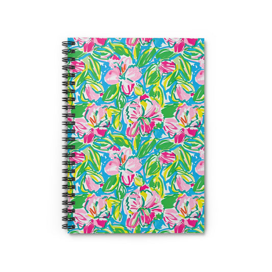 Whispering Meadows: Pink Blossoms, Lush Green Leaves, and Accents of Yellow and Blue Spiral Ruled Line Notebook