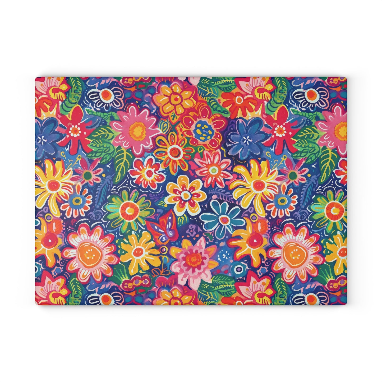 Fluttering Kaleidoscope: Vibrant Multicolor Flowers and Butterflies in Flight Cutting Board 2 Sizes