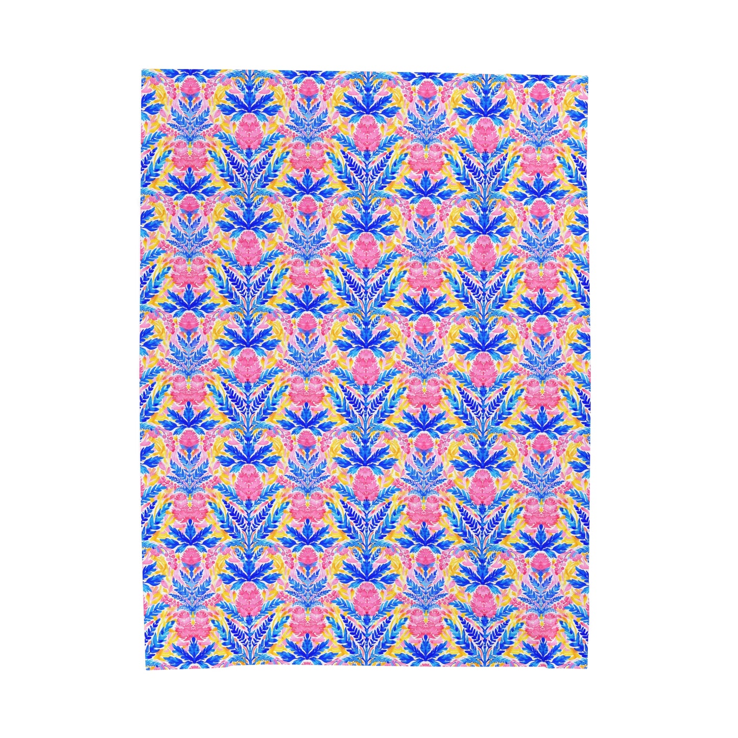 Tropical Watercolor Blooms in Vibrant Pinks and Blues Velveteen Plush Blanket 3 Sizes