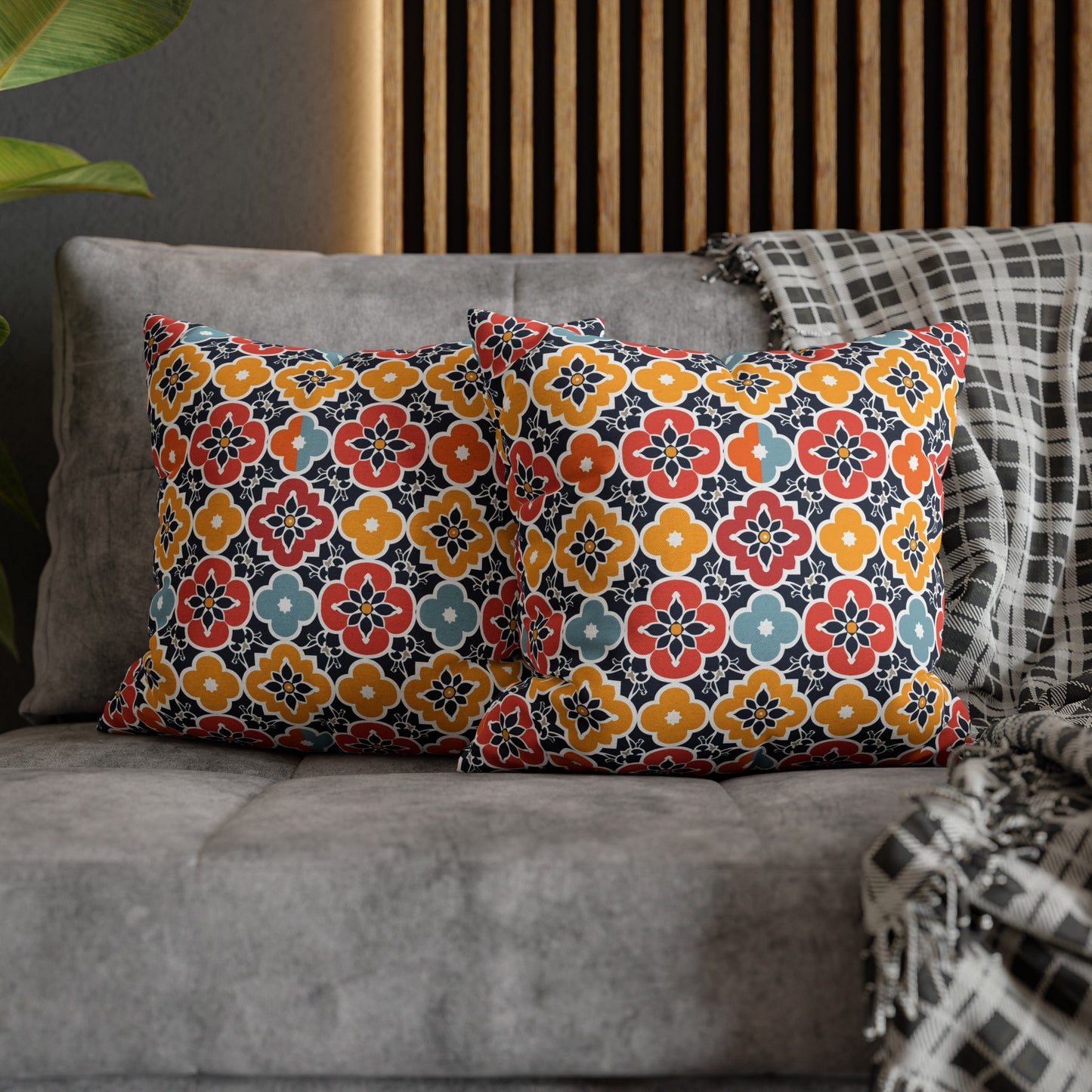 Vibrant Moroccan Orange, Gold and Blue Tile Pattern Spun Polyester Square Pillowcase 4 Sizes