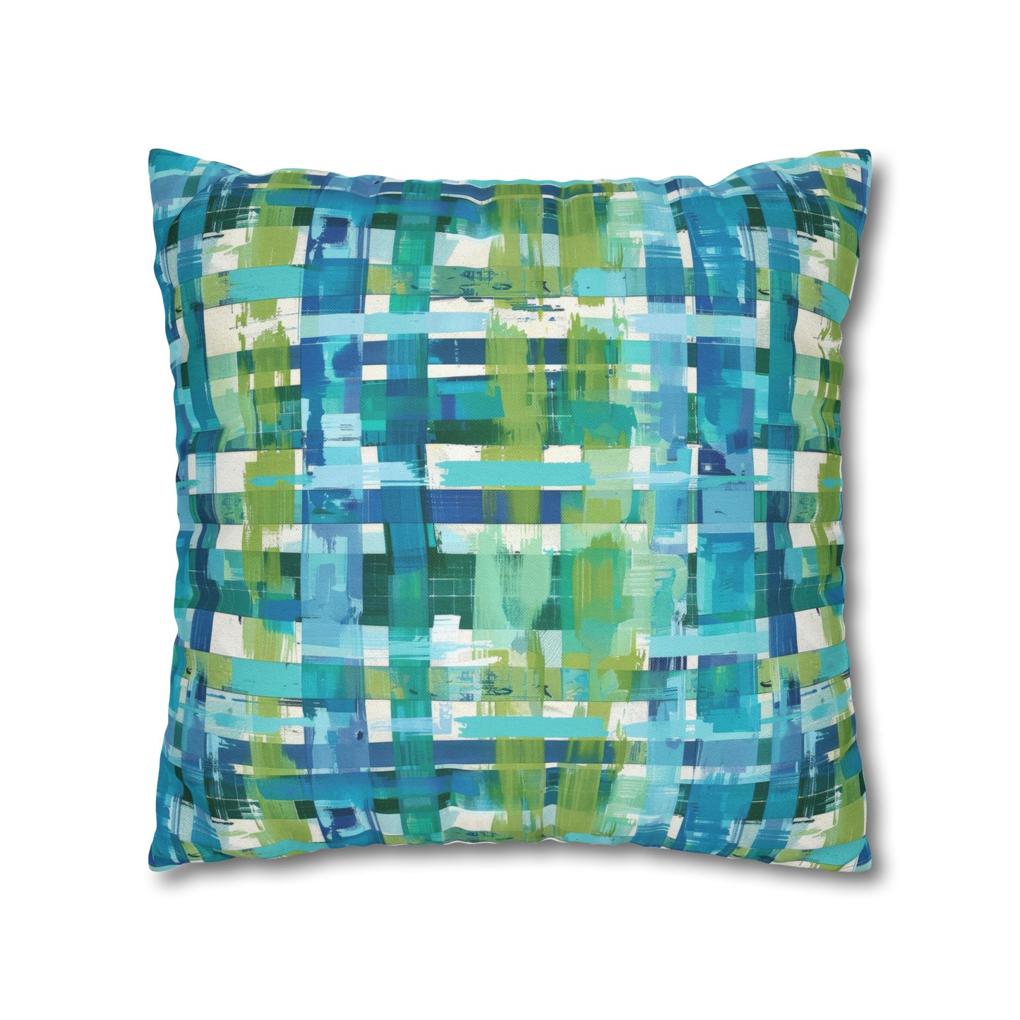 Enchanted Lagoon: Vibrant Green and Blue Abstract Plaid Spun Polyester Square Pillowcase 4 Sizes