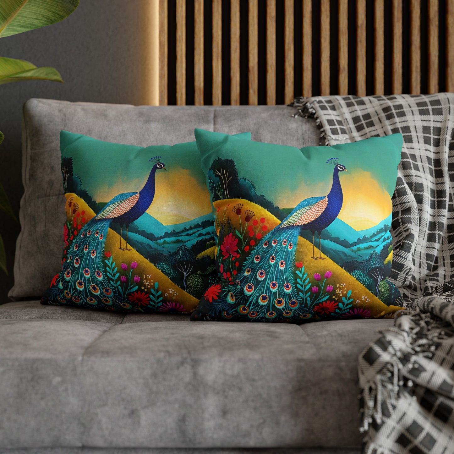 Radiant Peacock with Colorful Enchanted Garden and Sunrise Spun Polyester Square Pillowcase 4 Sizes