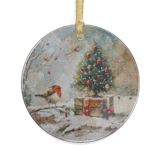 Cardinal Amidst a Winter Wonderland with Christmas Tree Acrylic Ornaments 1, 5, 10, 25, and 50 pieces