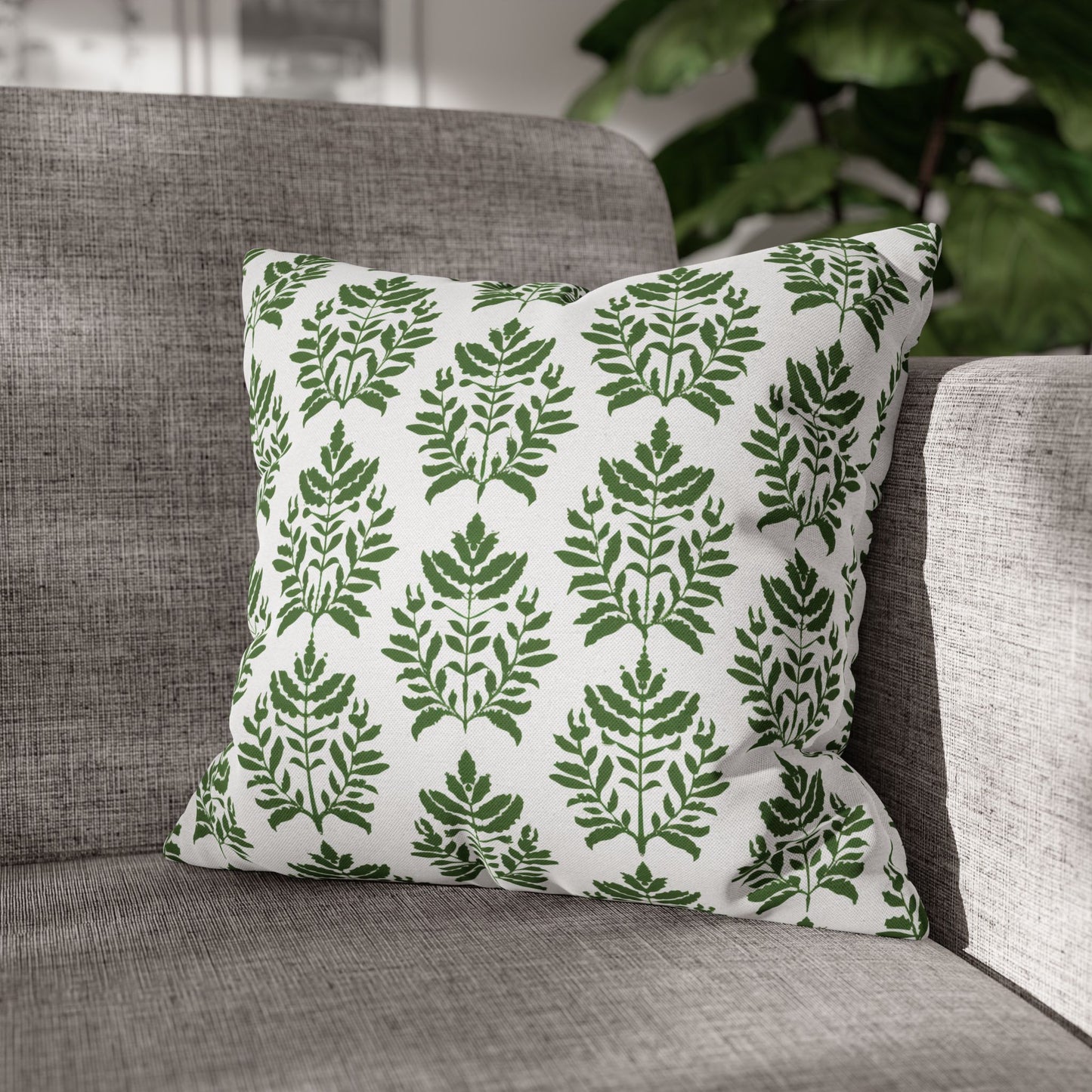 Verdant Harmony in Elegant Green Botanical Block Print Pattern Spun Polyester Square Pillowcase 4 Sizes