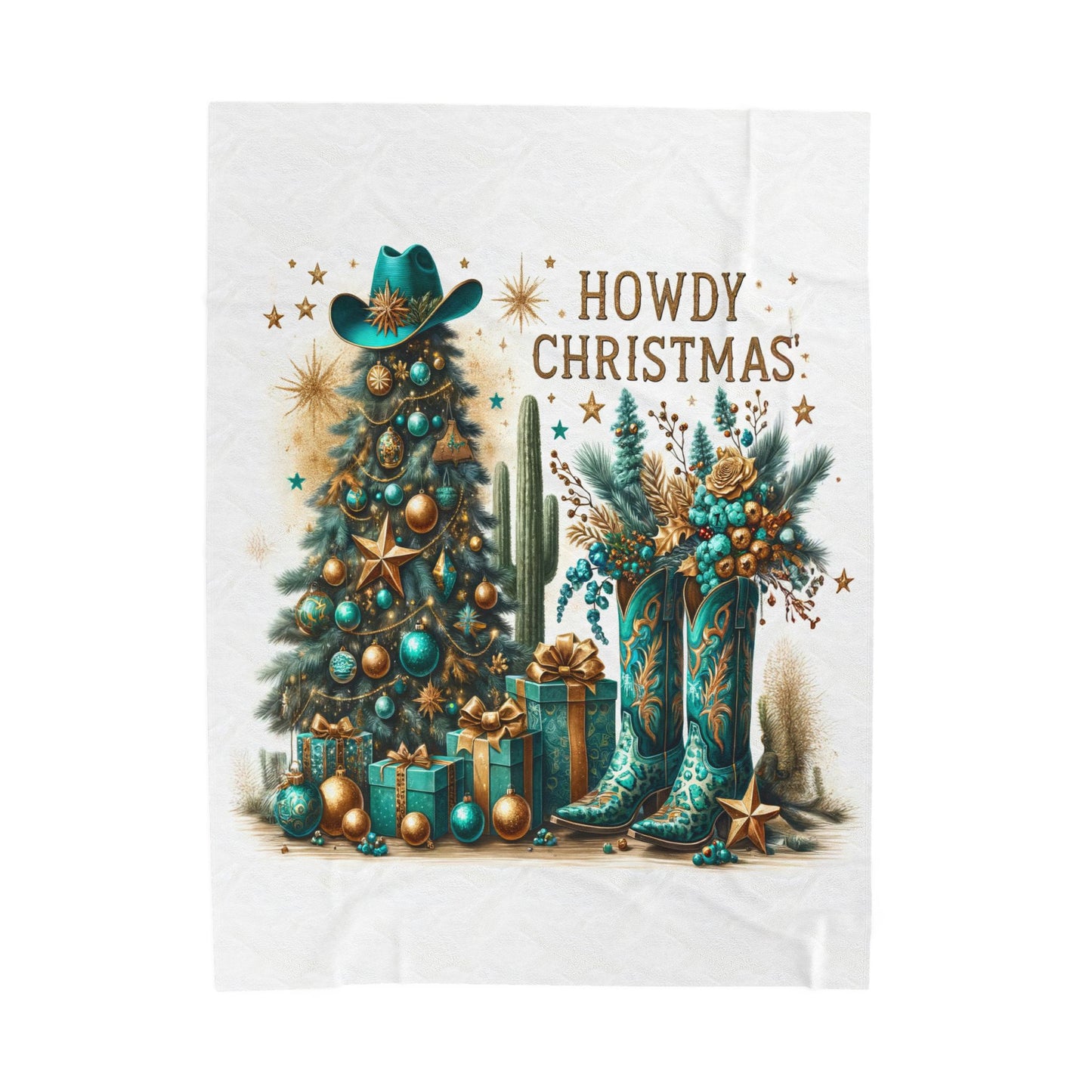 Country Western Howdy Christmas Green and Gold Sparkle Velveteen Plush Blanket 3 Sizes