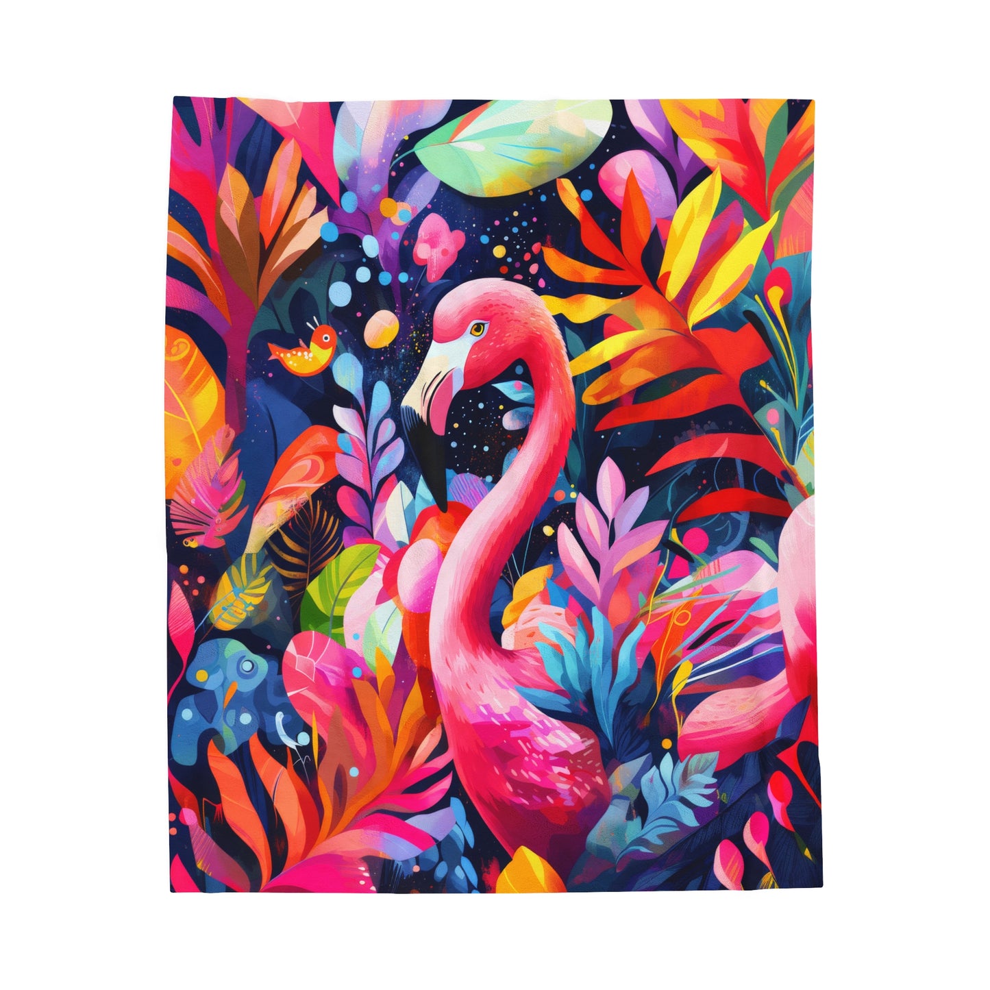 Vibrant Flamingo in a Jungle of Bold Colors and Leaves Velveteen Plush Blanket 3 Sizes