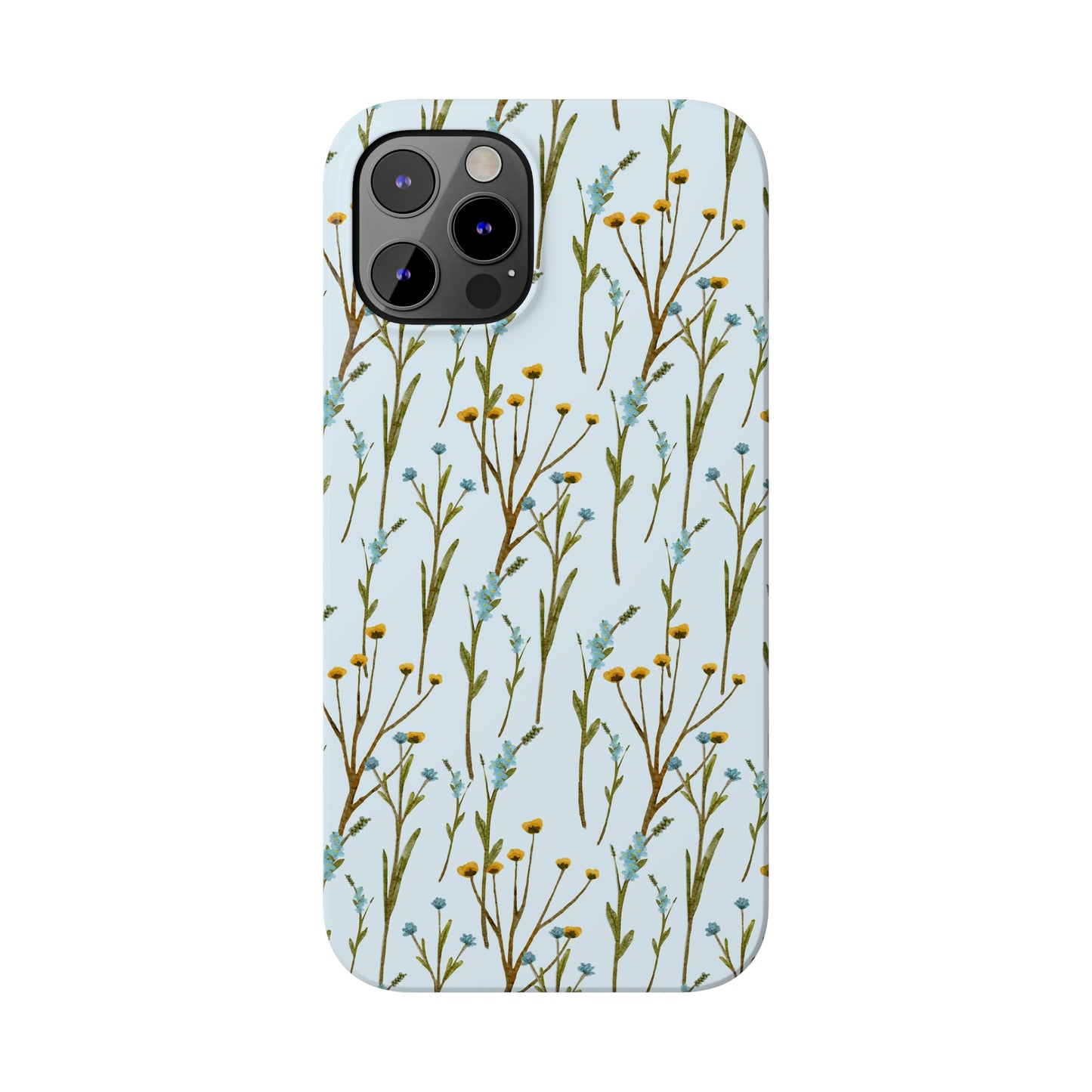 Delicate Blue and Yellow Wildflowers on a Light Blue Background Design Iphone 15-12 Slim Phone Case