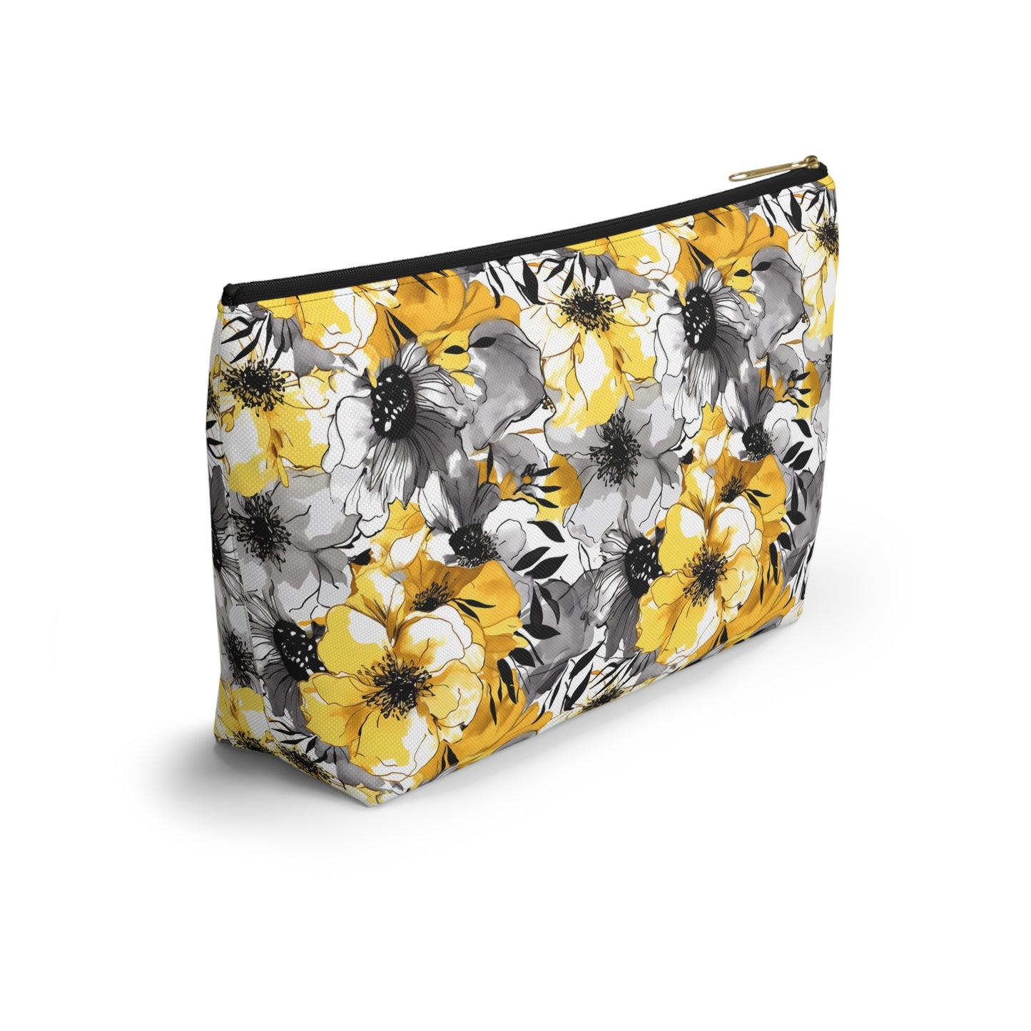 Soothing Radiance: Large Yellow and Grey Watercolor Flower Design - Makeup & Accessory Bag 2 Sizes