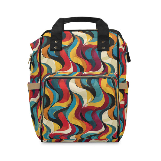 Retro Chic Vintage Blues, Reds and Yellow Waves Multifunctional Diaper Backpack