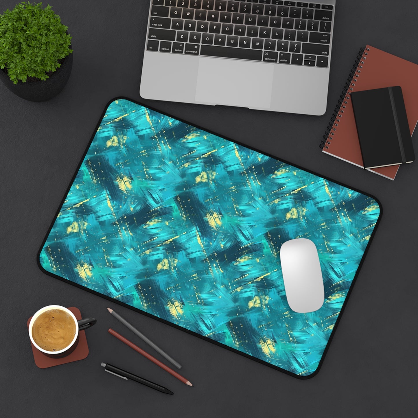 Vibrant Teal and Gold Abstract Brushstroke Pattern Extended Gaming Mouse Pad  Desk Mat  - 3 Sizes