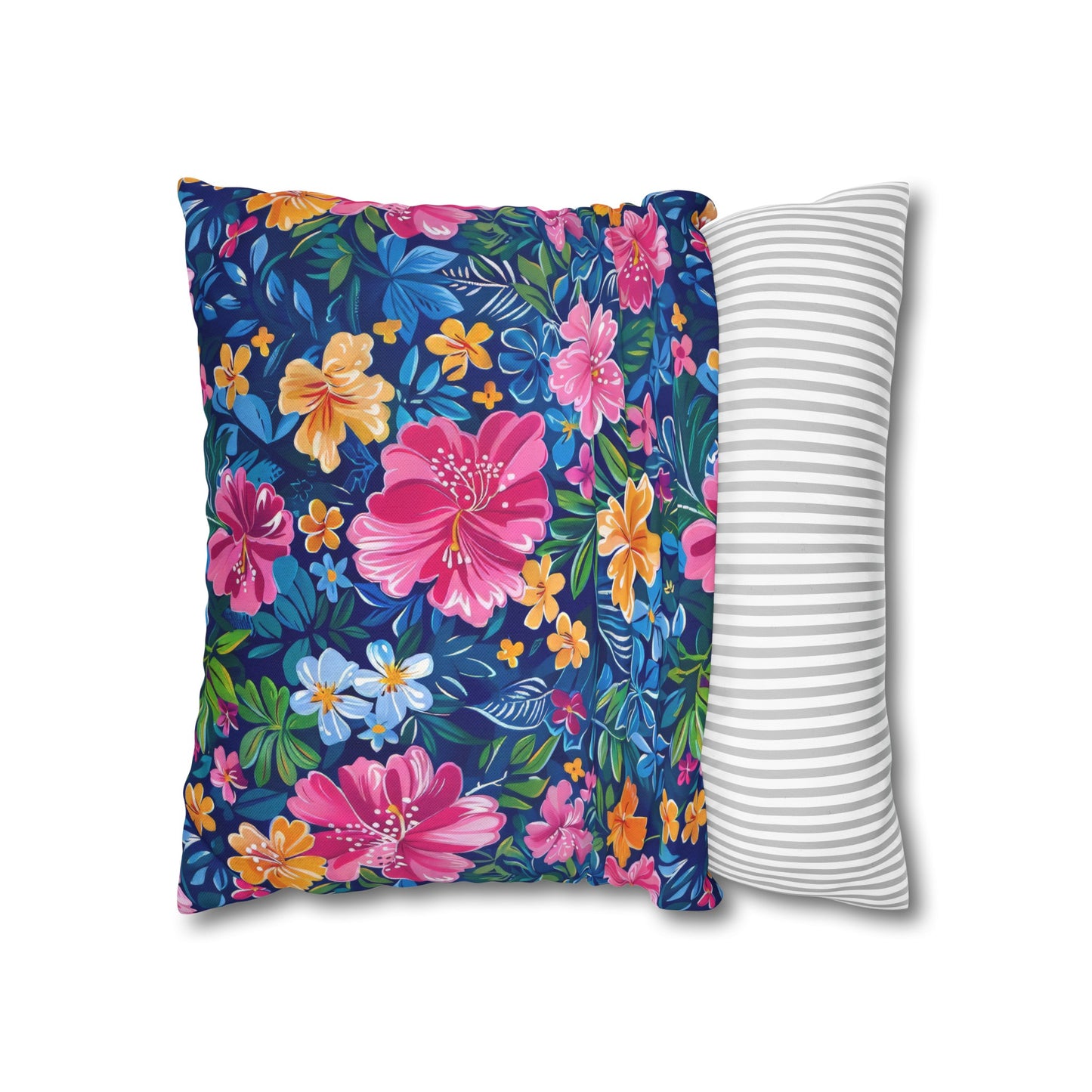 Tropical Sunrise Bloom: Pink Watercolor Flowers with Yellow and Blue Accents Spun Polyester Square Pillowcase 4 Sizes