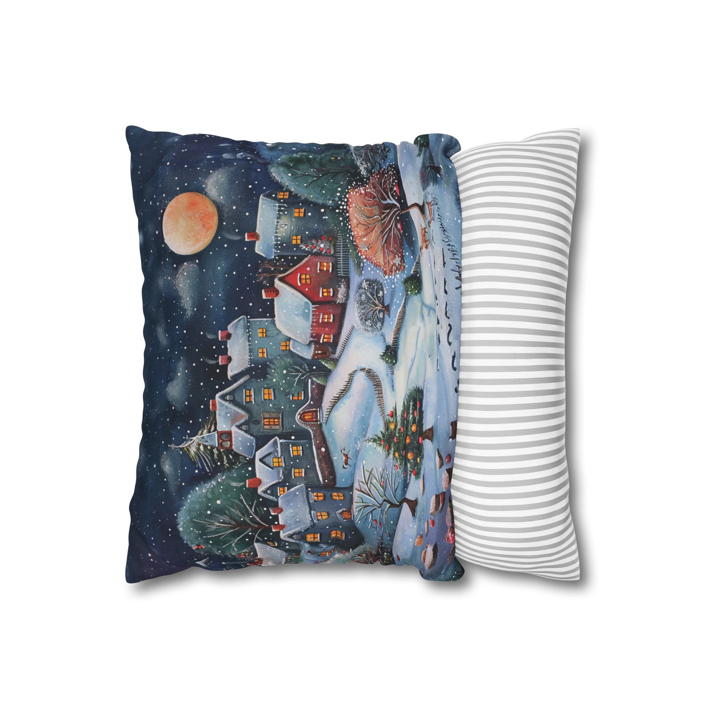 Snowy Serenade: Town at Winter Night with Reindeer Amidst the Snow  Spun Polyester Square Pillowcase 4 Sizes