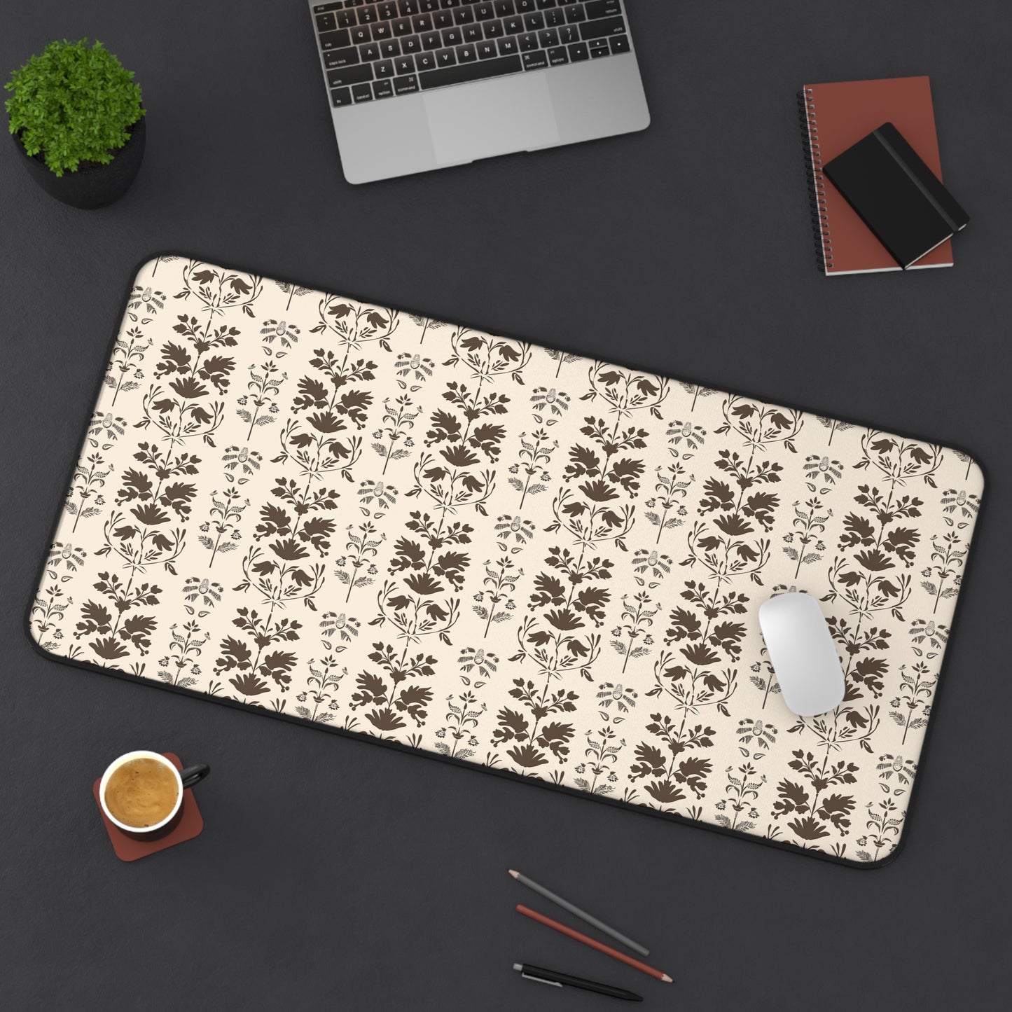 Early American Stencil-Inspired Beige and Brown Floral Pattern Gaming Mouse Pad  Desk Mat  - 3 Sizes