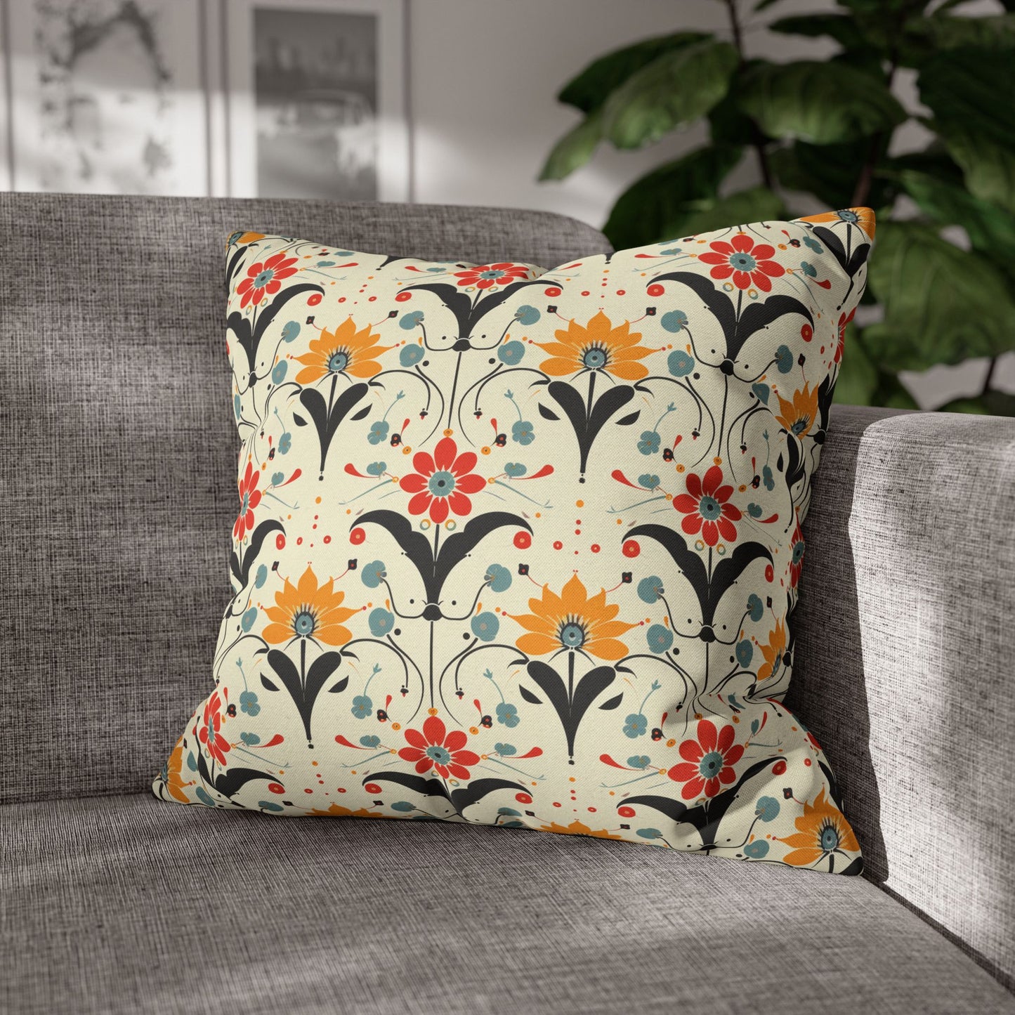 Whimsical Retro Garden in Muted Yellow, Red and Blues Spun Polyester Square Pillowcase 4 Sizes