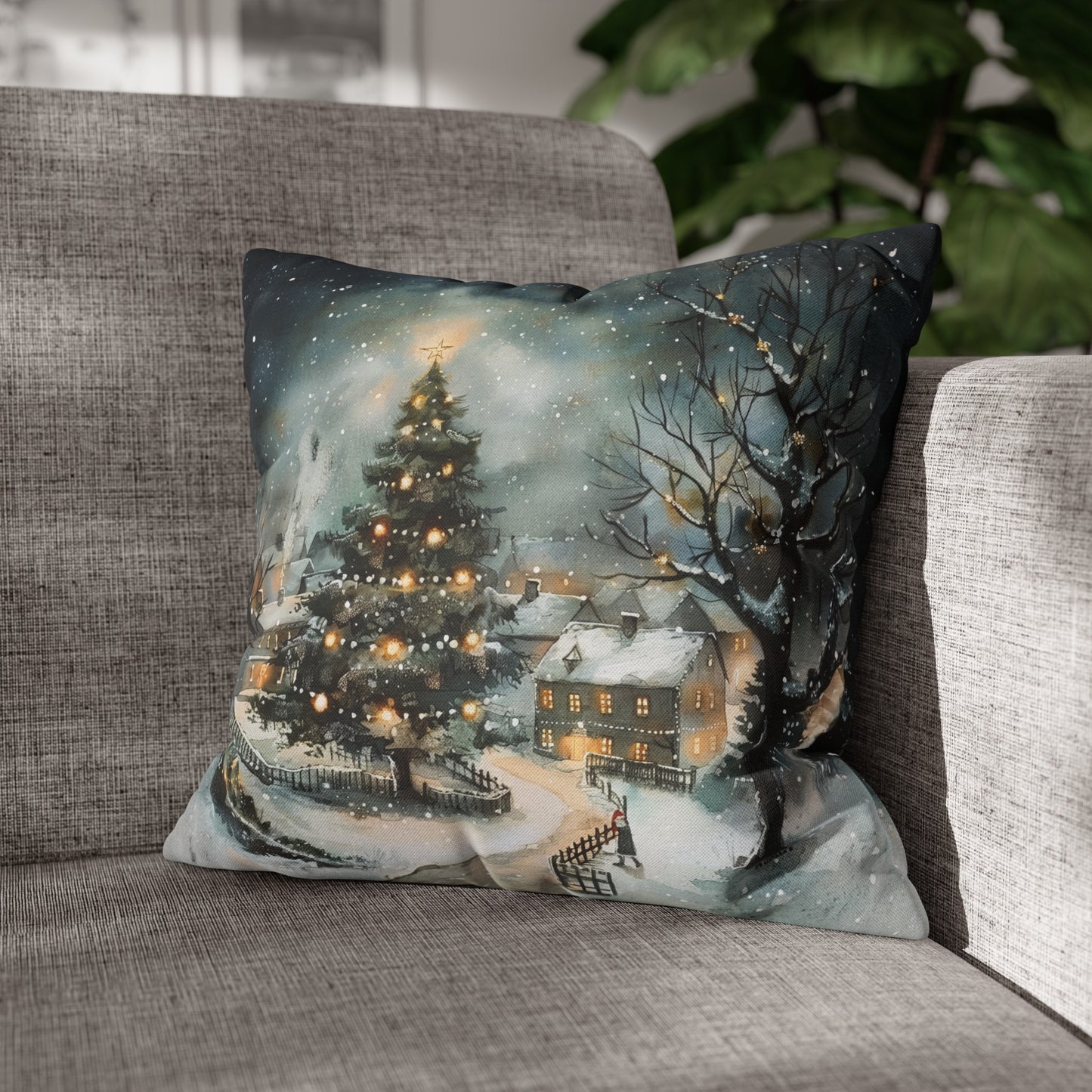 Winter Wonderland Glow: Christmas Tree Illuminating a Snowy Village Spun Polyester Square Pillowcase 4 Sizes