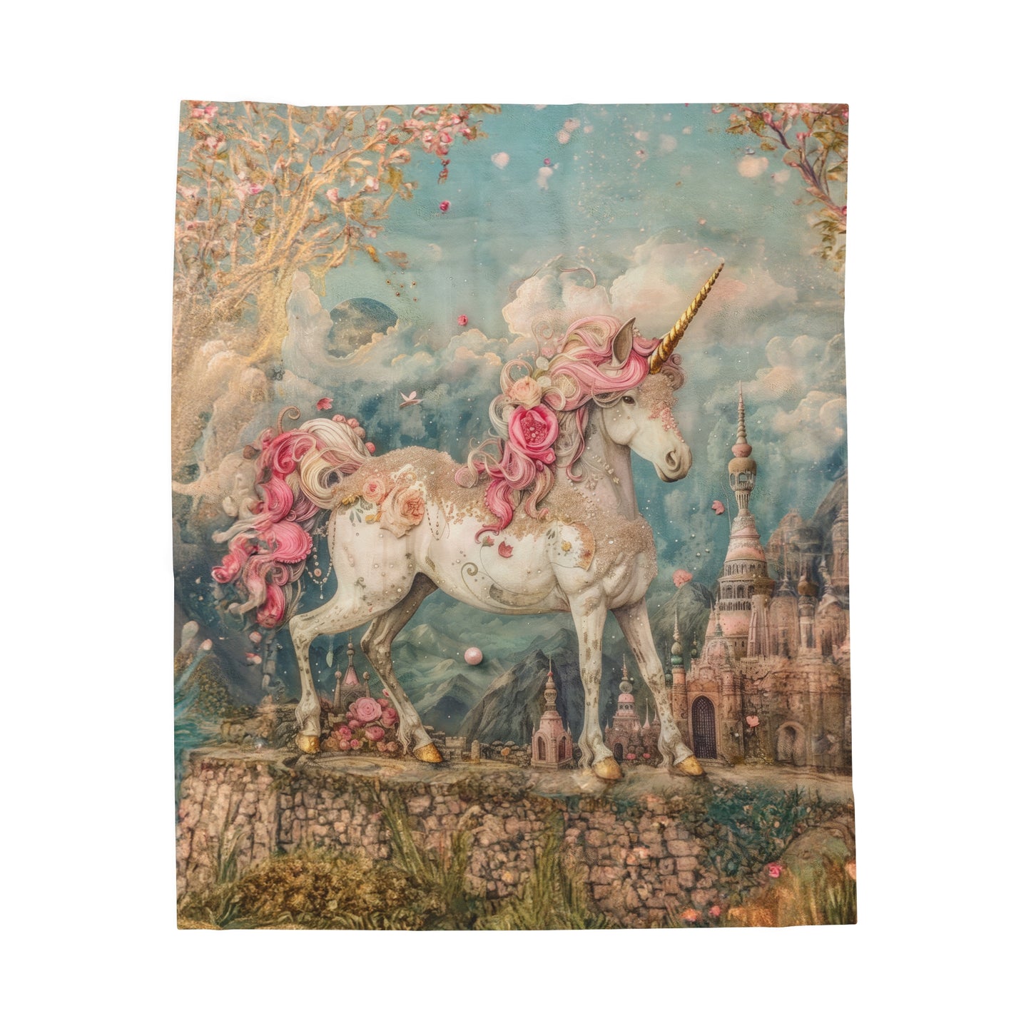 Whimsical Majestic Unicorn in an Enchanted Unicorn Kingdom Velveteen Plush Blanket 3 Sizes