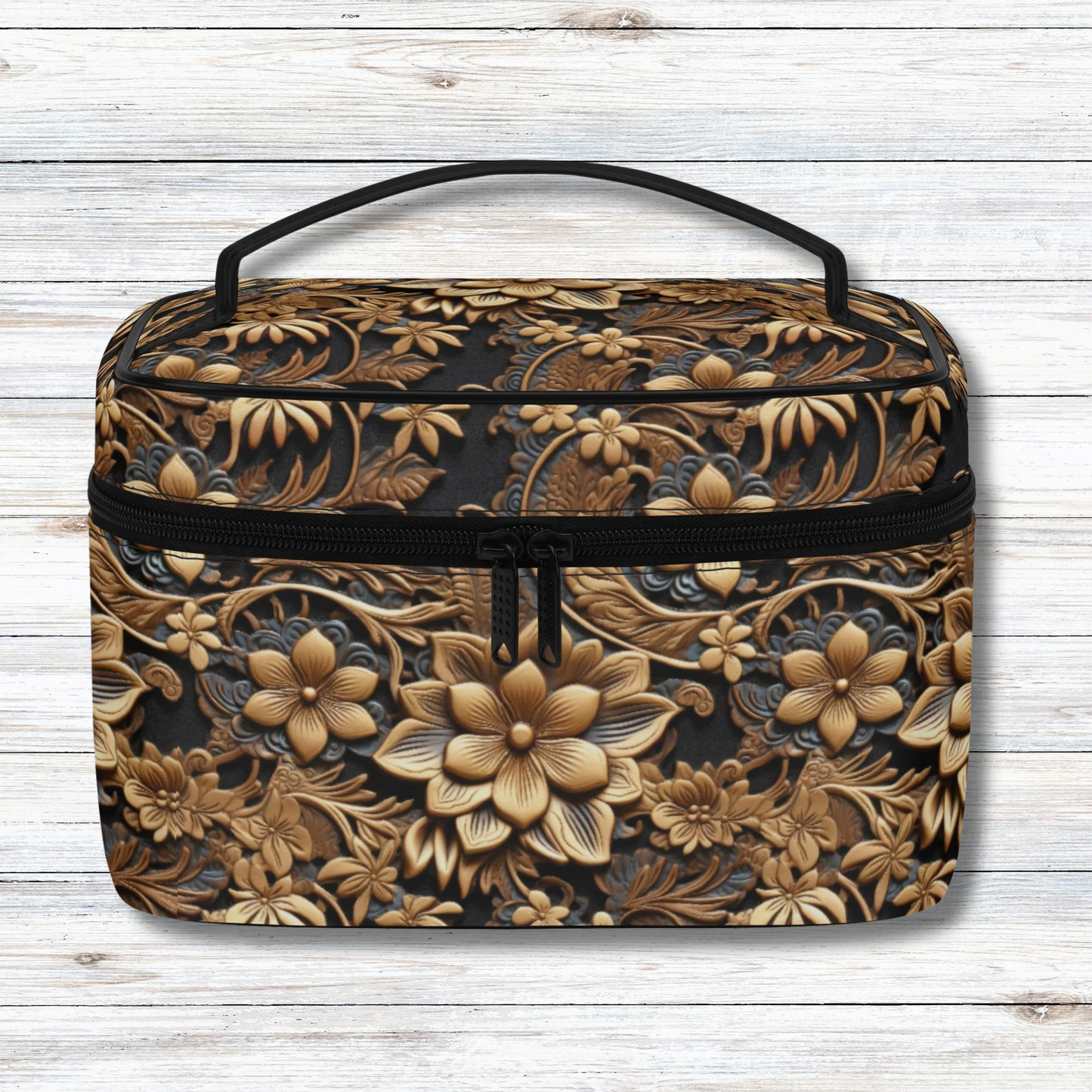 Tooled Print of Gold Leather Flowers with Blue Accent Print Design - Cosmetic or Toiletry Bag Faux Leather (PU)