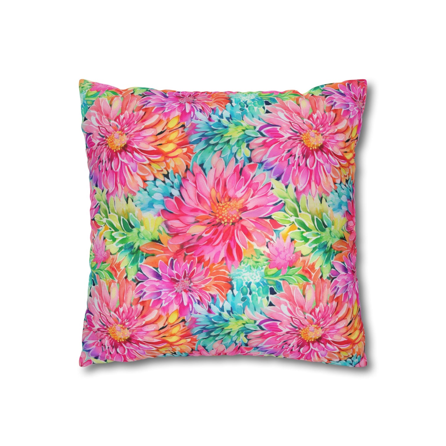 Blooming Spectrum: Large Vibrant Watercolor Flowers in Full Bloom Spun Polyester Square Pillowcase 4 Sizes