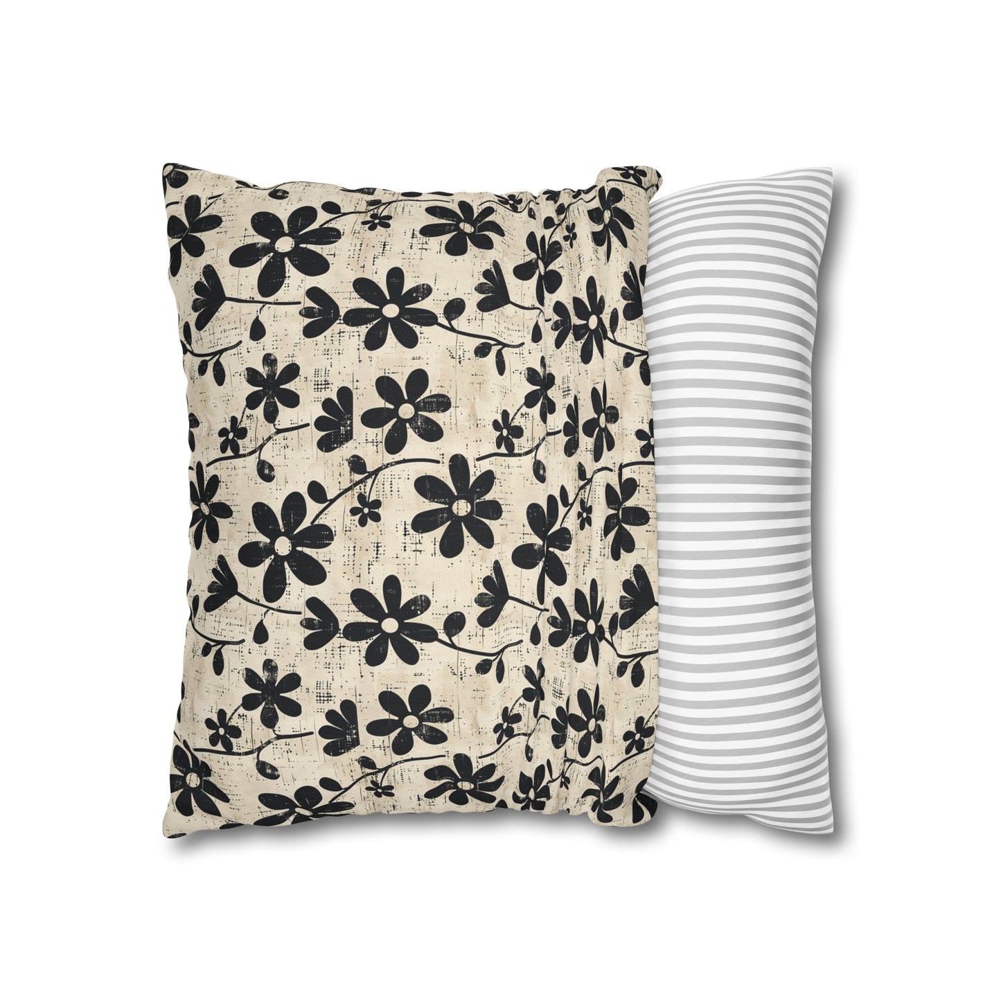 Distressed Black Floral on Beige Background Spun Polyester Square Pillowcase 4 Sizes