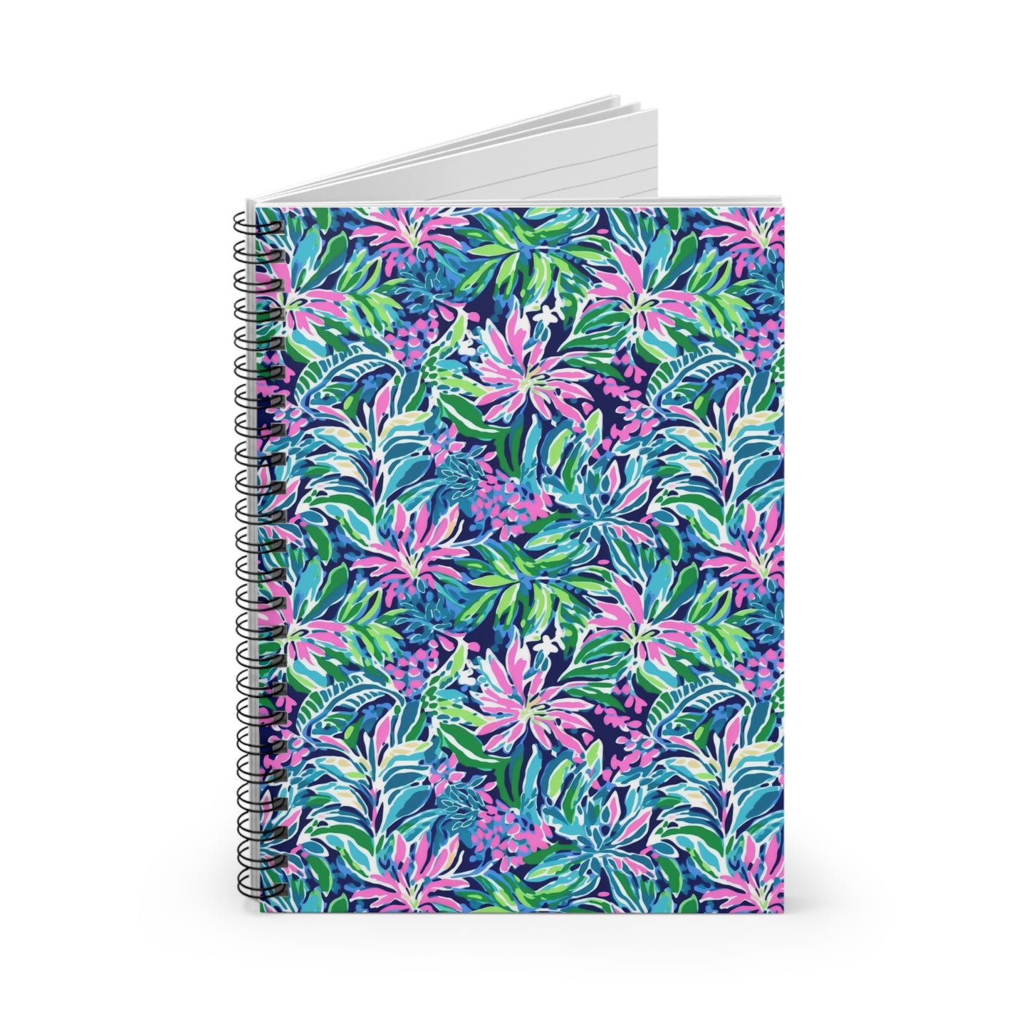 Seaside Blossoms: Coastal Spring Flowers in Pink, Green, and Navy Watercolors Spiral Ruled Line Notebook