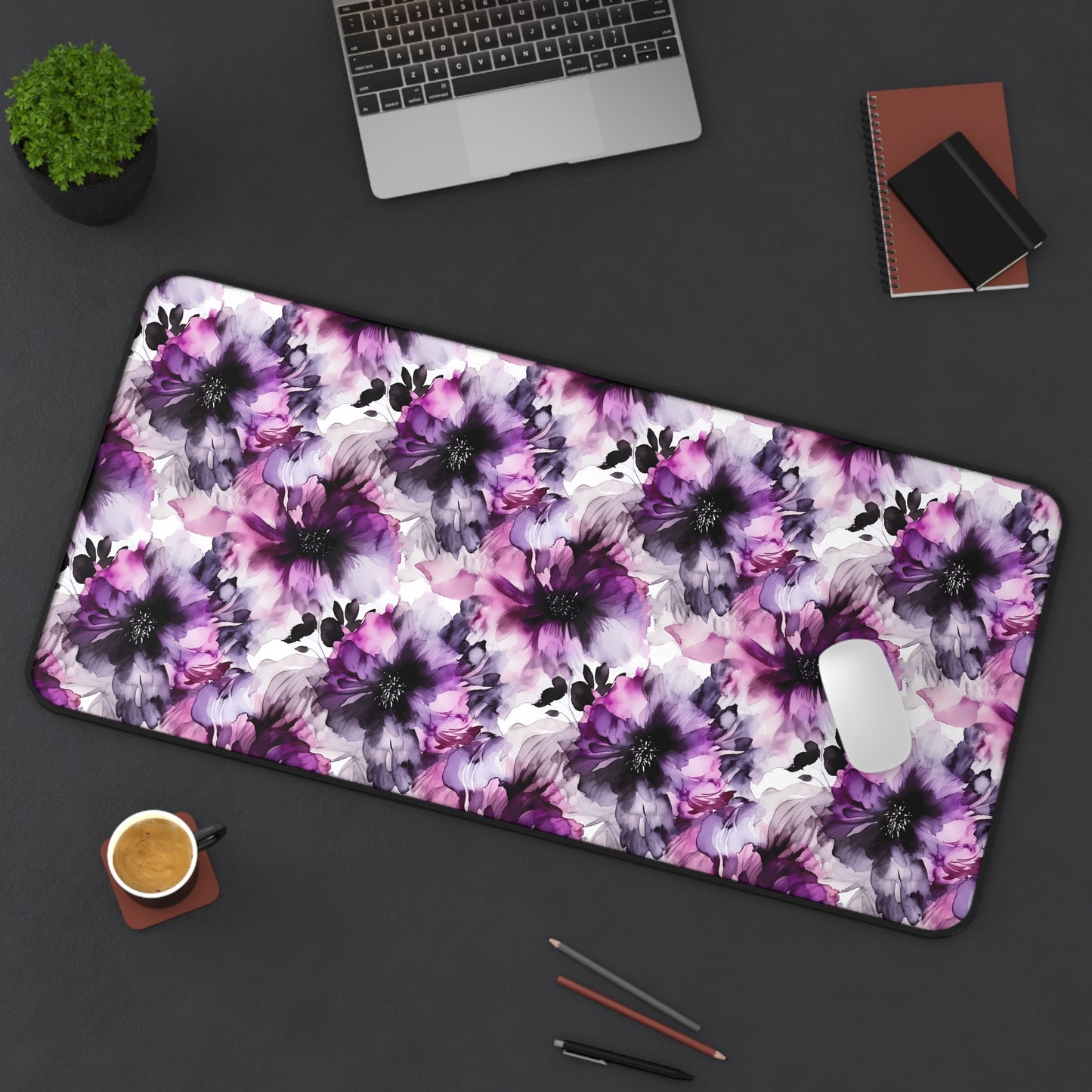 Regal Splendor: Large Purple and Grey Watercolor Flower Design - Desk Mat Extended Gaming Mouse Pad 3 Sizes